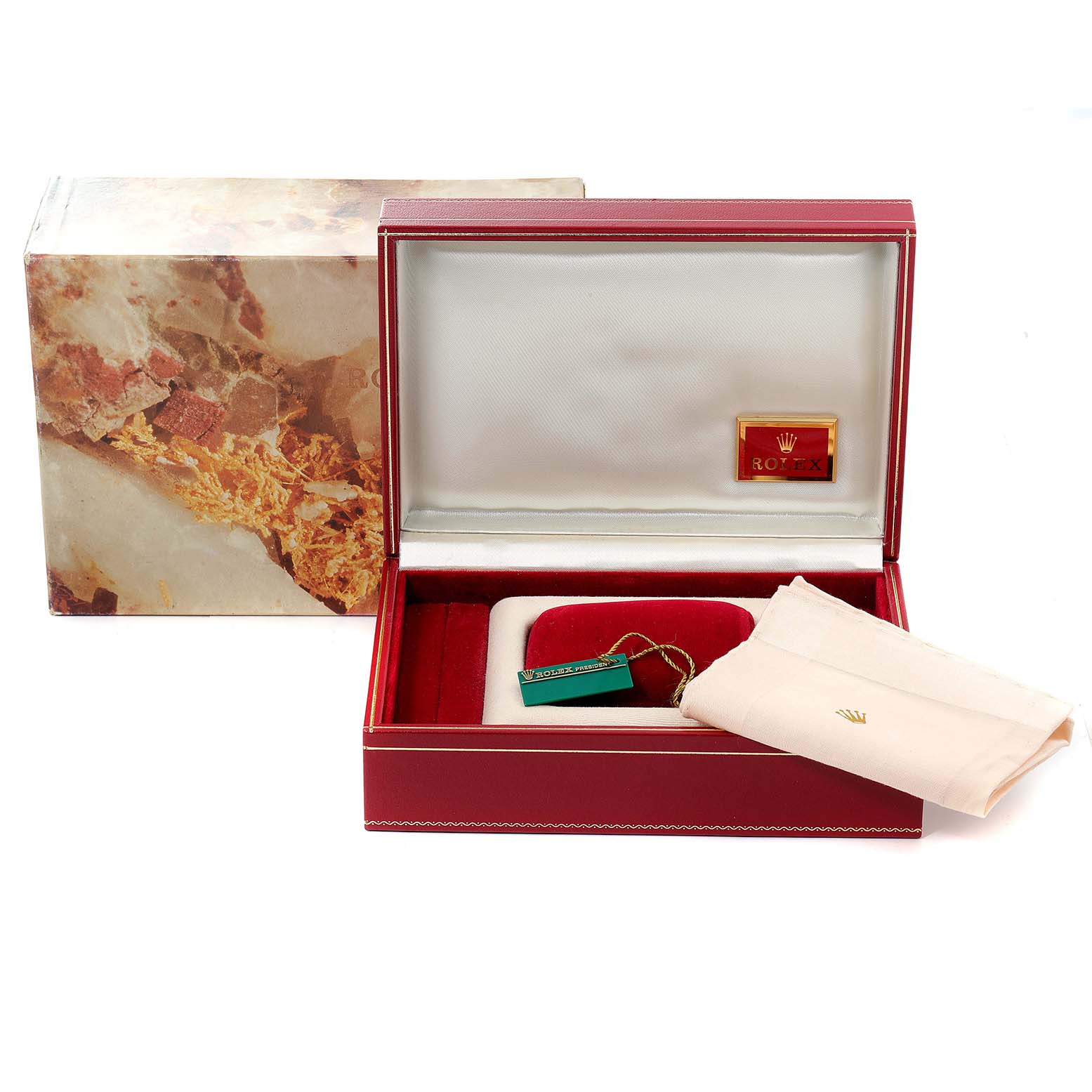 The image shows a Rolex Mid-Size 68149 Women
s White Gold Brown Dial 68149 Women
s White Gold Brown Dial model watch box, including the outer box, inner case, tag, and protective cloth.