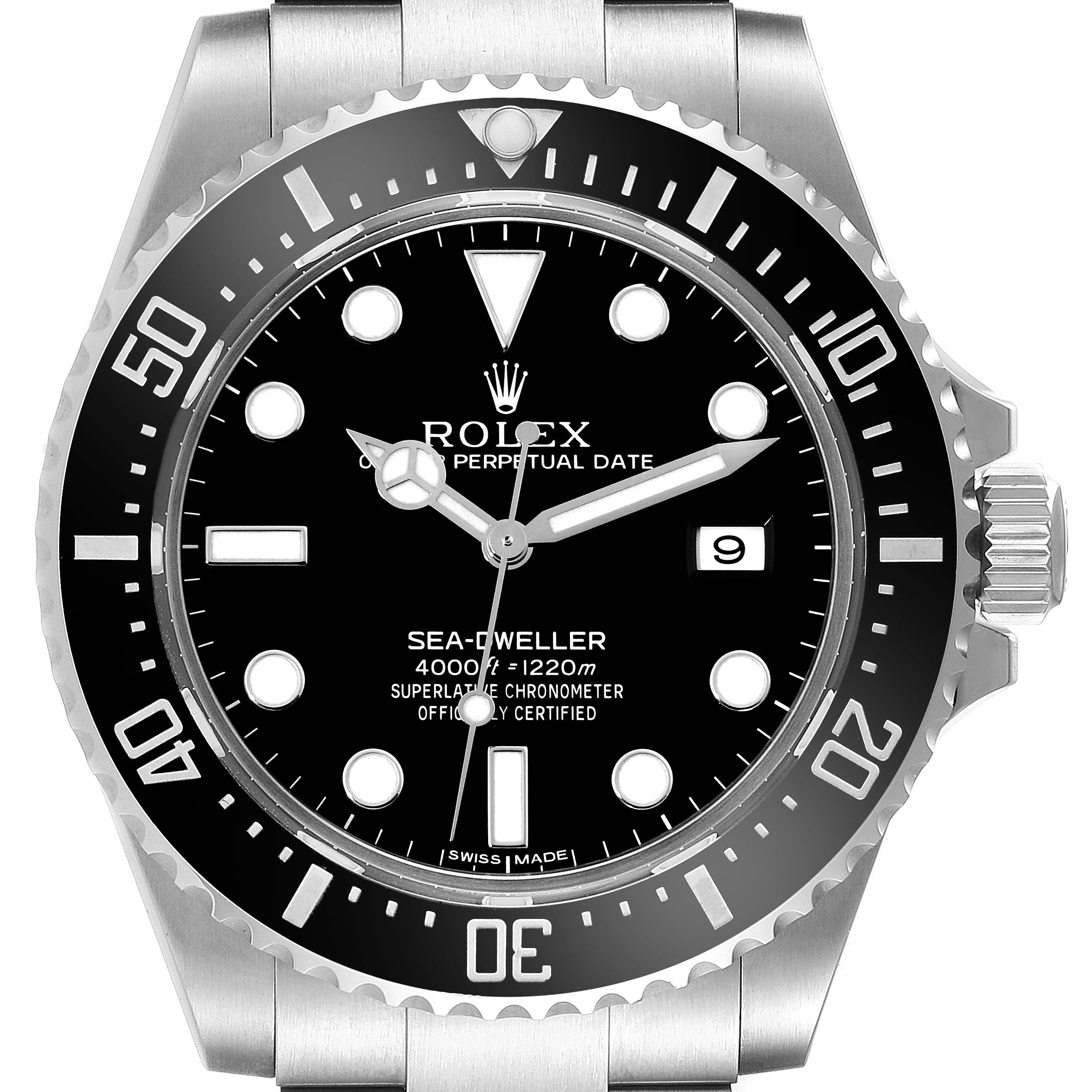 The image shows a frontal view of a Rolex Sea-Dweller 116600 Men
s Stainless Steel Black Dial 116600 Men
s Stainless Steel Black Dial watch, highlighting its dial, bezel, and crown.