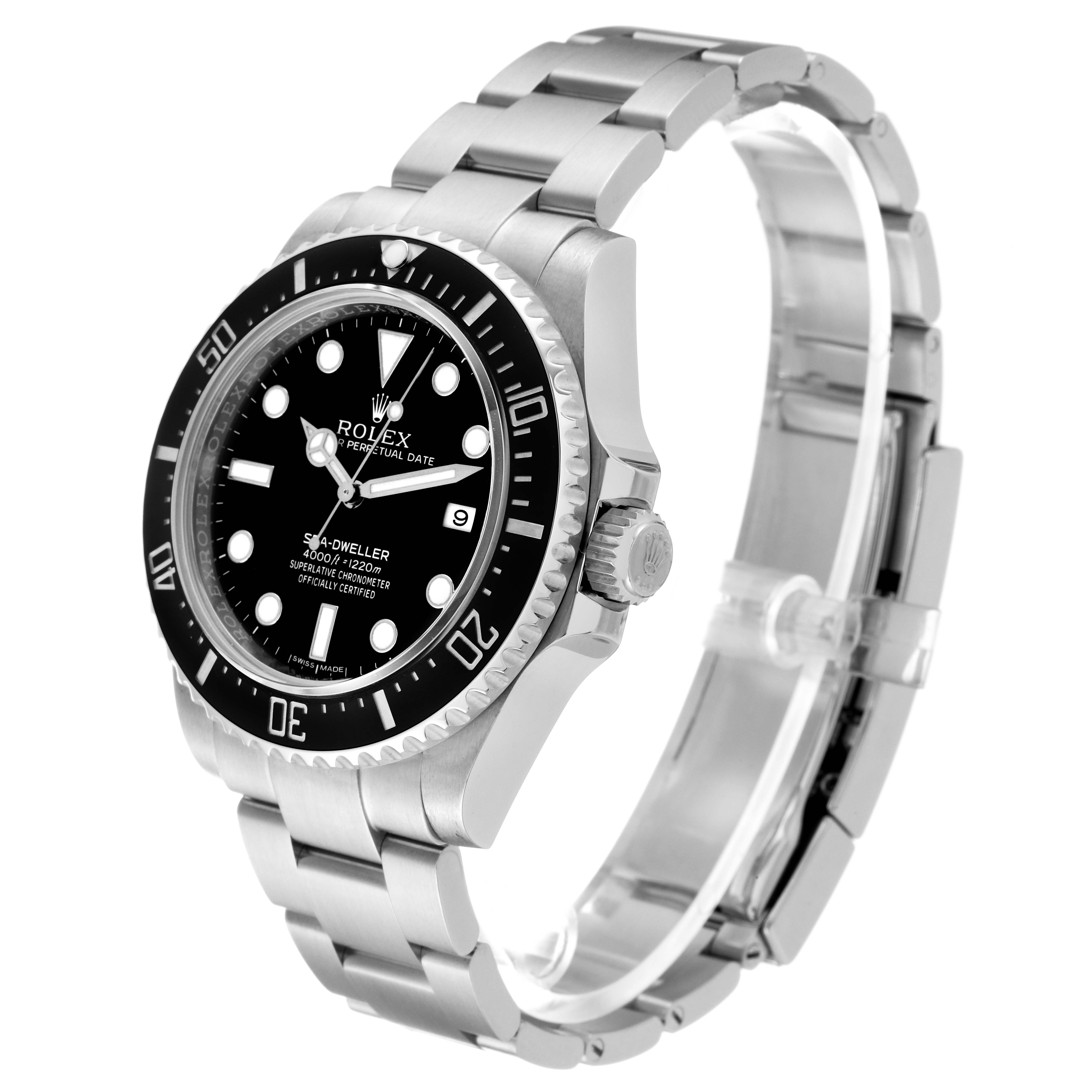 This Rolex Sea-Dweller 116600 Men
s Stainless Steel Black Dial 116600 Men
s Stainless Steel Black Dial watch is shown at a three-quarter angle, highlighting the face, bezel, crown, and bracelet.