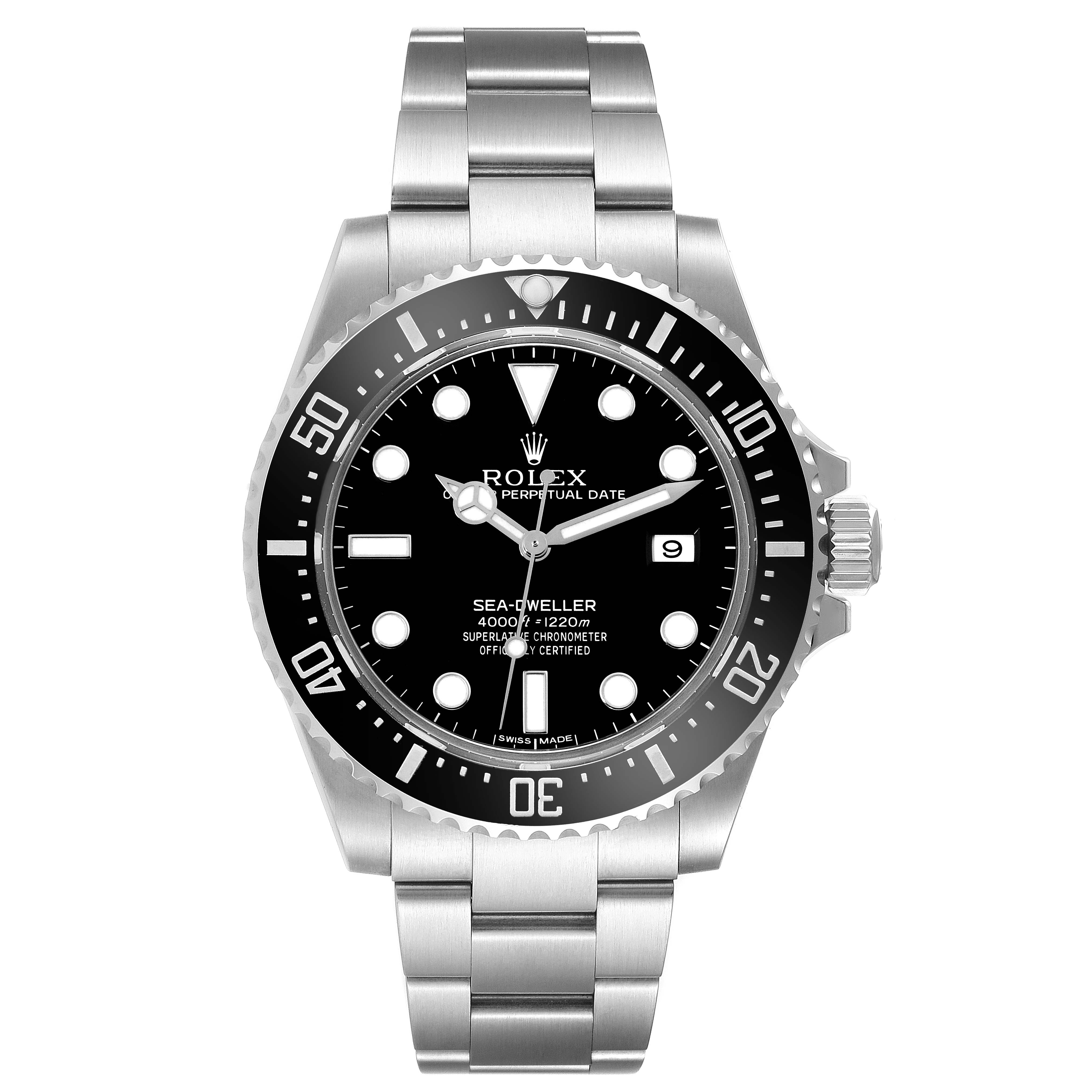 The Rolex Sea-Dweller 116600 Men
s Stainless Steel Black Dial 116600 Men
s Stainless Steel Black Dial watch is shown from a front view, displaying the dial, bezel, and bracelet.
