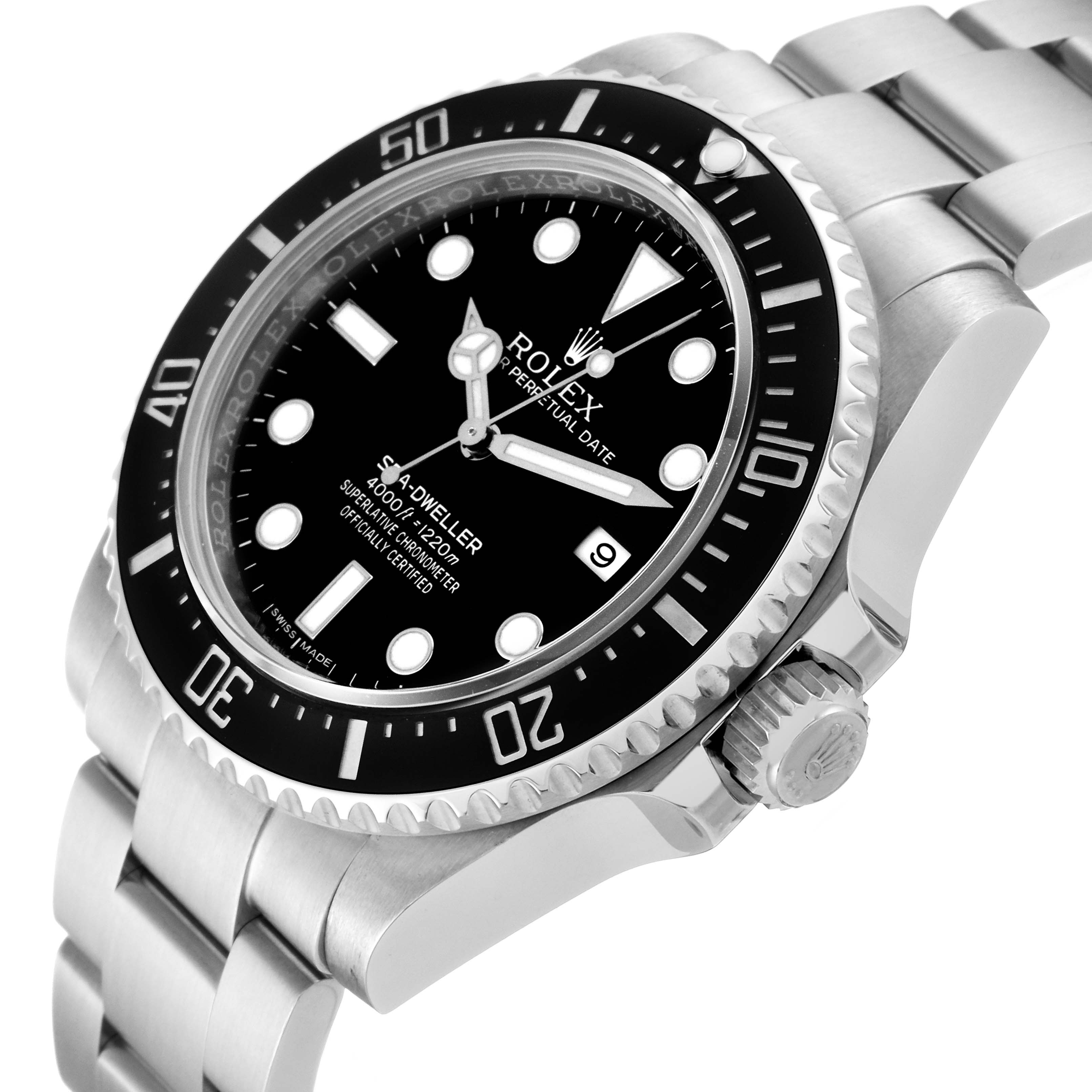 The image shows the Rolex Sea-Dweller 116600 Men
s Stainless Steel Black Dial 116600 Men
s Stainless Steel Black Dial model at an angled view, highlighting the face, bezel, crown, and part of the bracelet.