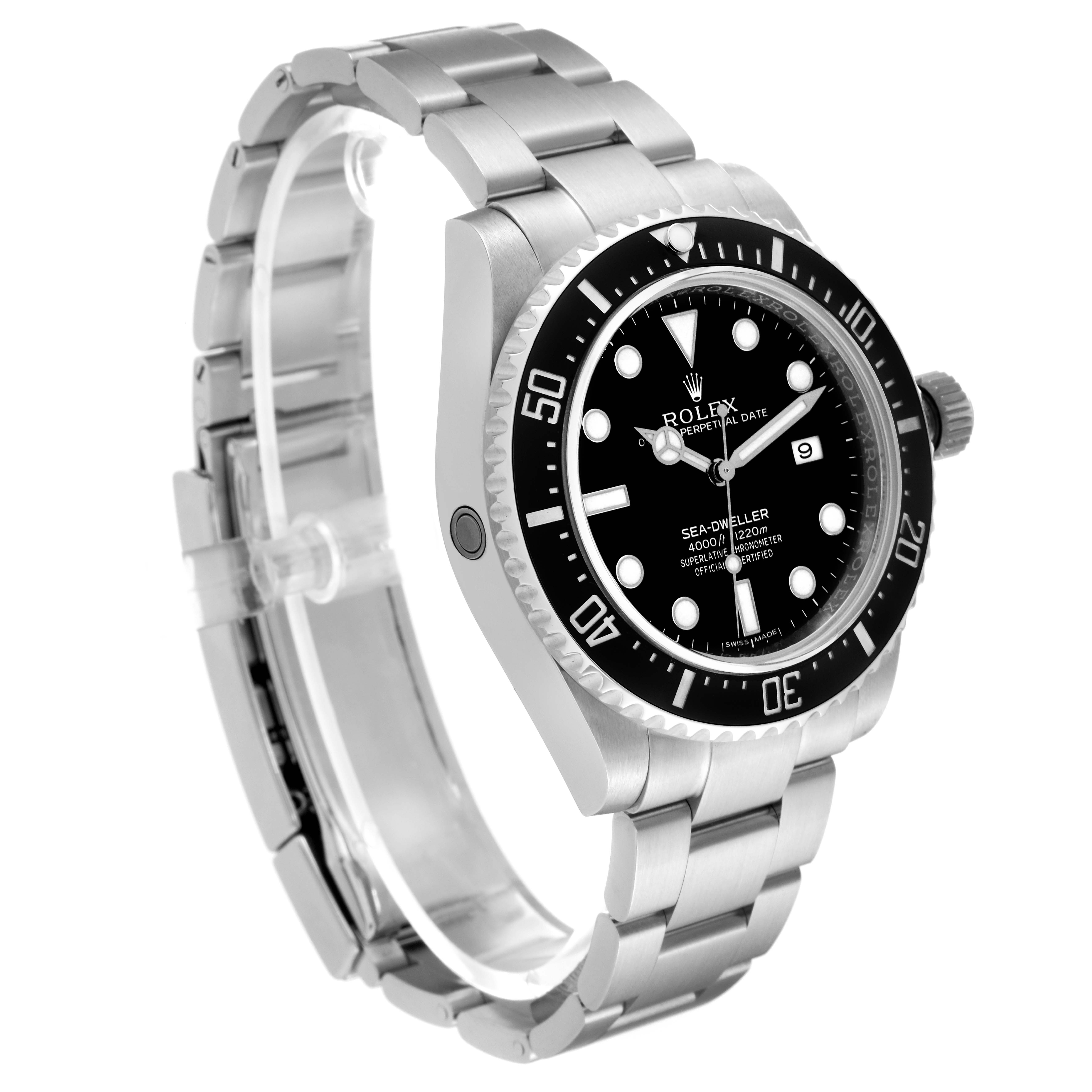 The Rolex Sea-Dweller 116600 Men
s Stainless Steel Black Dial 116600 Men
s Stainless Steel Black Dial watch is shown at a 3/4 angle, highlighting the bezel, face, and bracelet.