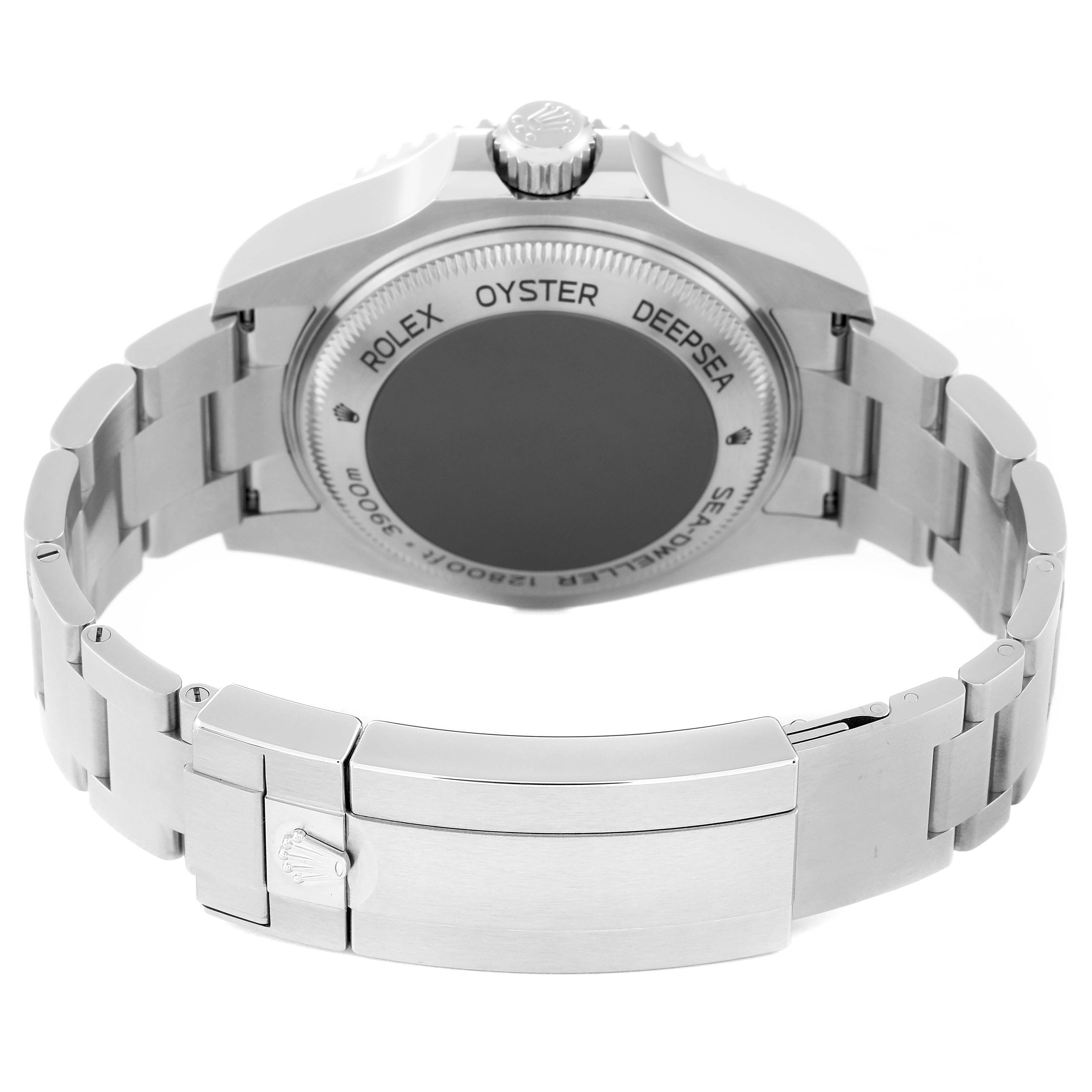 The image shows the back and bracelet of a Rolex Sea-Dweller 126660 Men's Stainless Steel Blue Dial 126660 Men's Stainless Steel Blue Dial watch, highlighting the clasp and case back engravings.