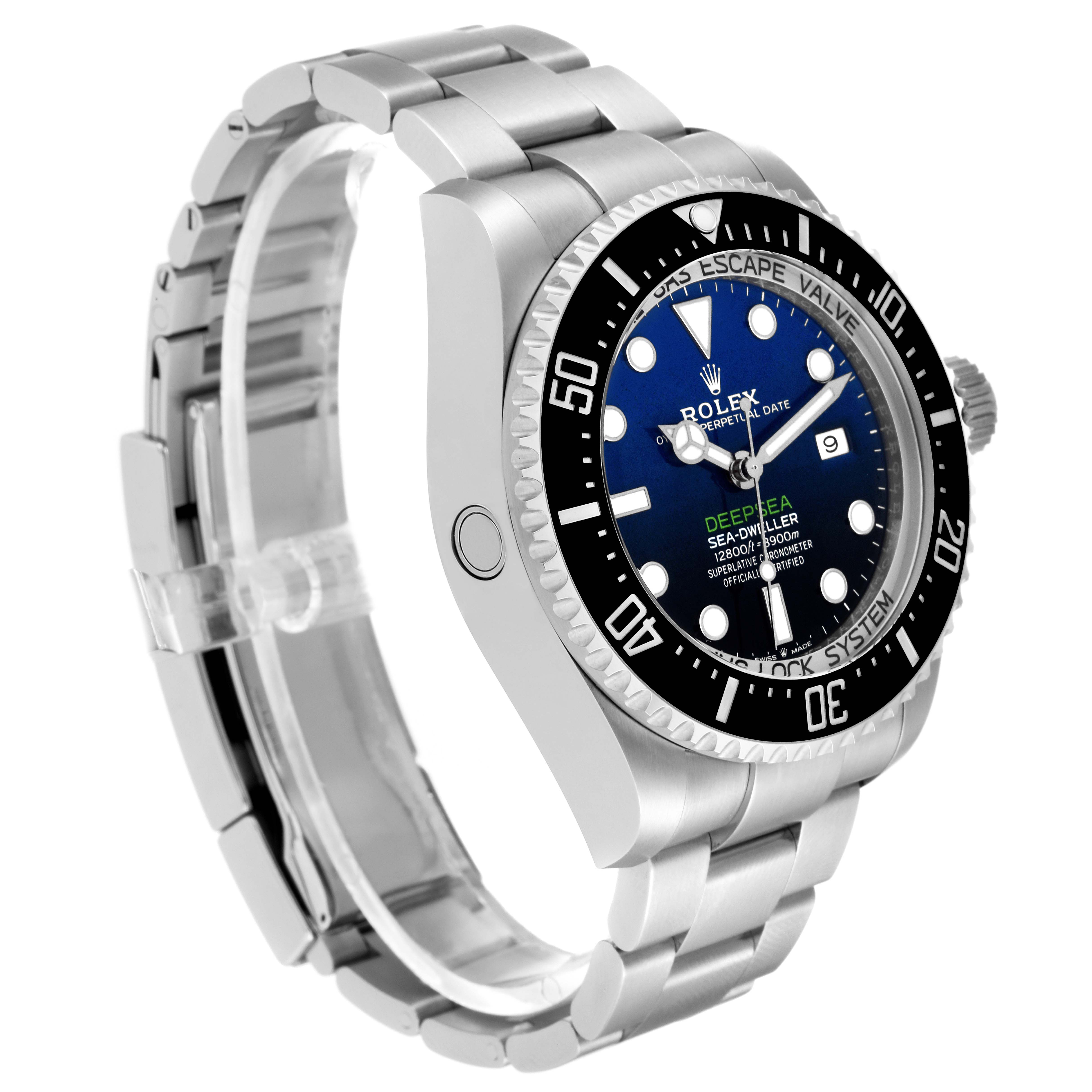 The image shows a side profile and partial front view of a Rolex Sea-Dweller 126660 Men's Stainless Steel Blue Dial 126660 Men's Stainless Steel Blue Dial watch, highlighting its bezel, dial, and bracelet.