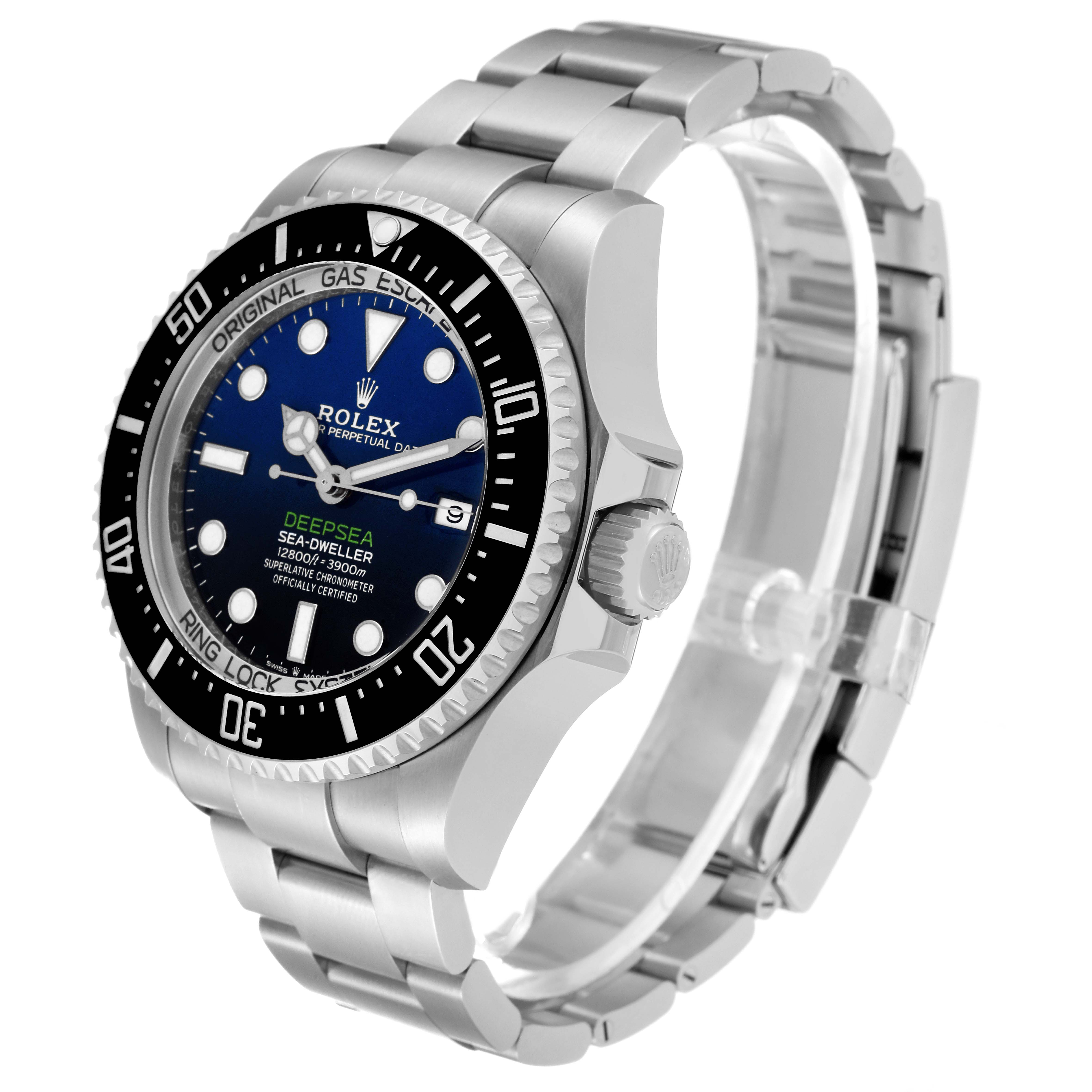 The Rolex Sea-Dweller 126660 Men's Stainless Steel Blue Dial 126660 Men's Stainless Steel Blue Dial watch is shown from a three-quarter angle, highlighting the face, bezel, crown, and bracelet.