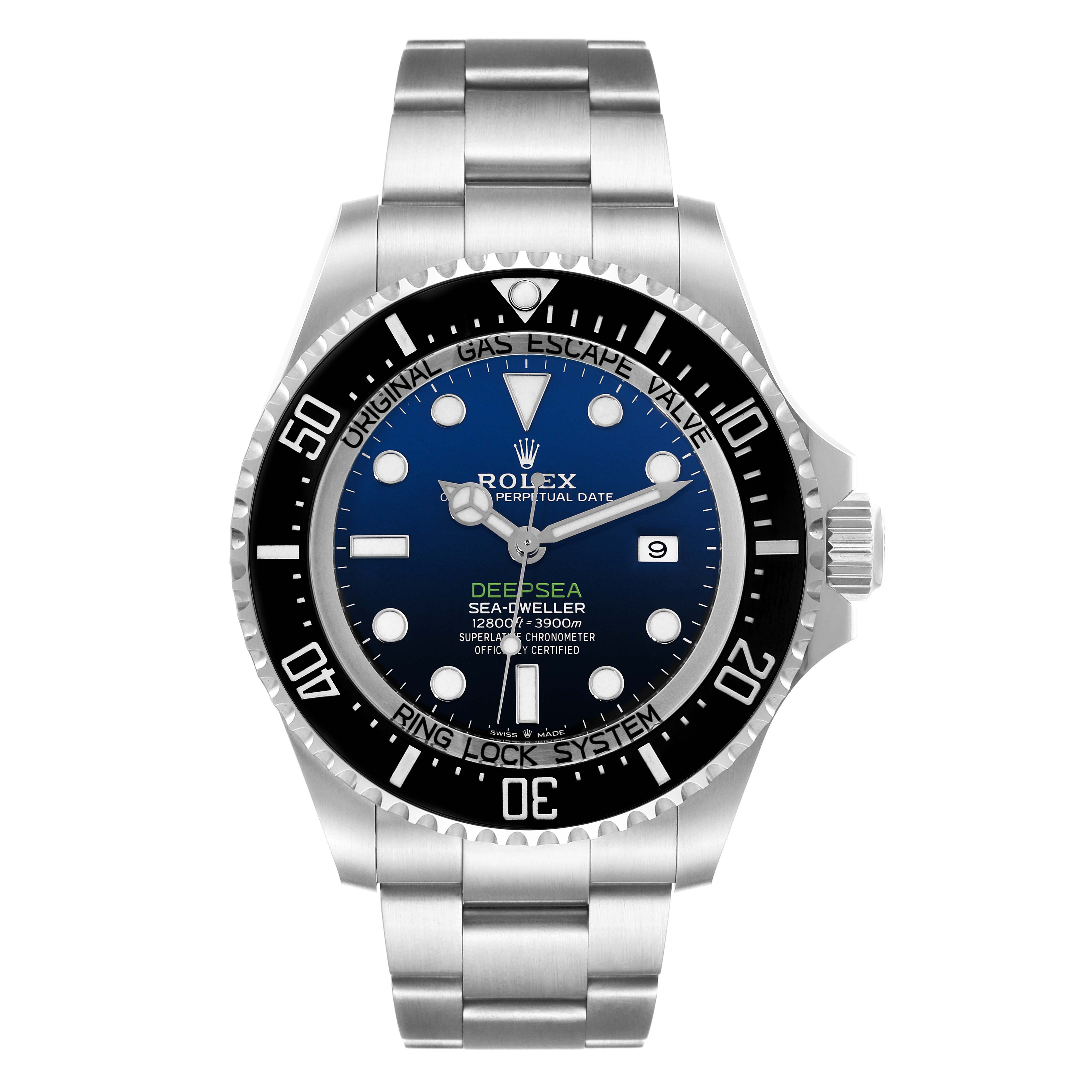The image shows a front view of the Rolex Sea-Dweller 126660 Men's Stainless Steel Blue Dial 126660 Men's Stainless Steel Blue Dial watch, highlighting its dial, bezel, and bracelet.