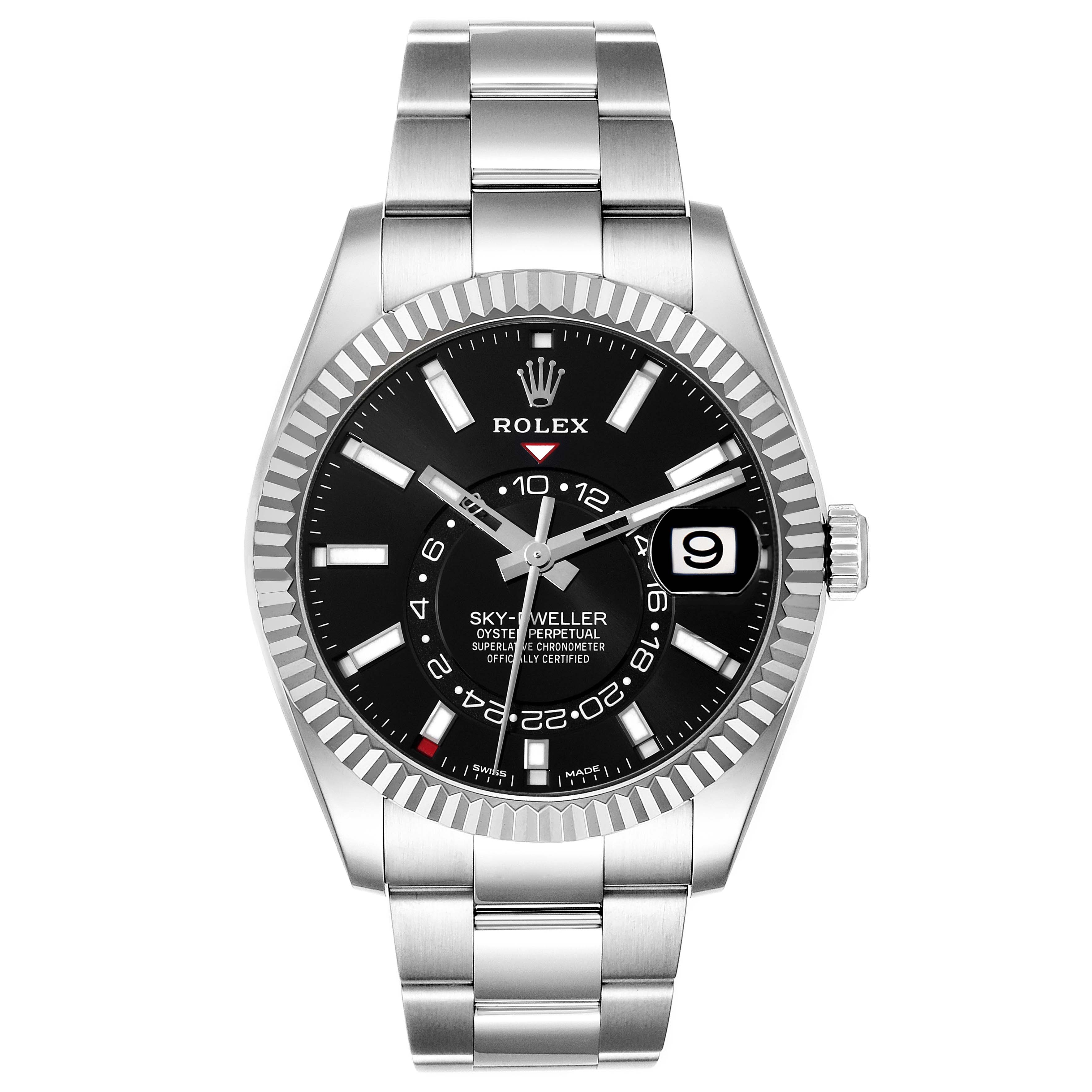 This is a front view of a Rolex Sky-Dweller 326934 Men
s Stainless Steel Black Dial 326934 Men
s Stainless Steel Black Dial watch, showing the entire watch face, bezel, and bracelet.