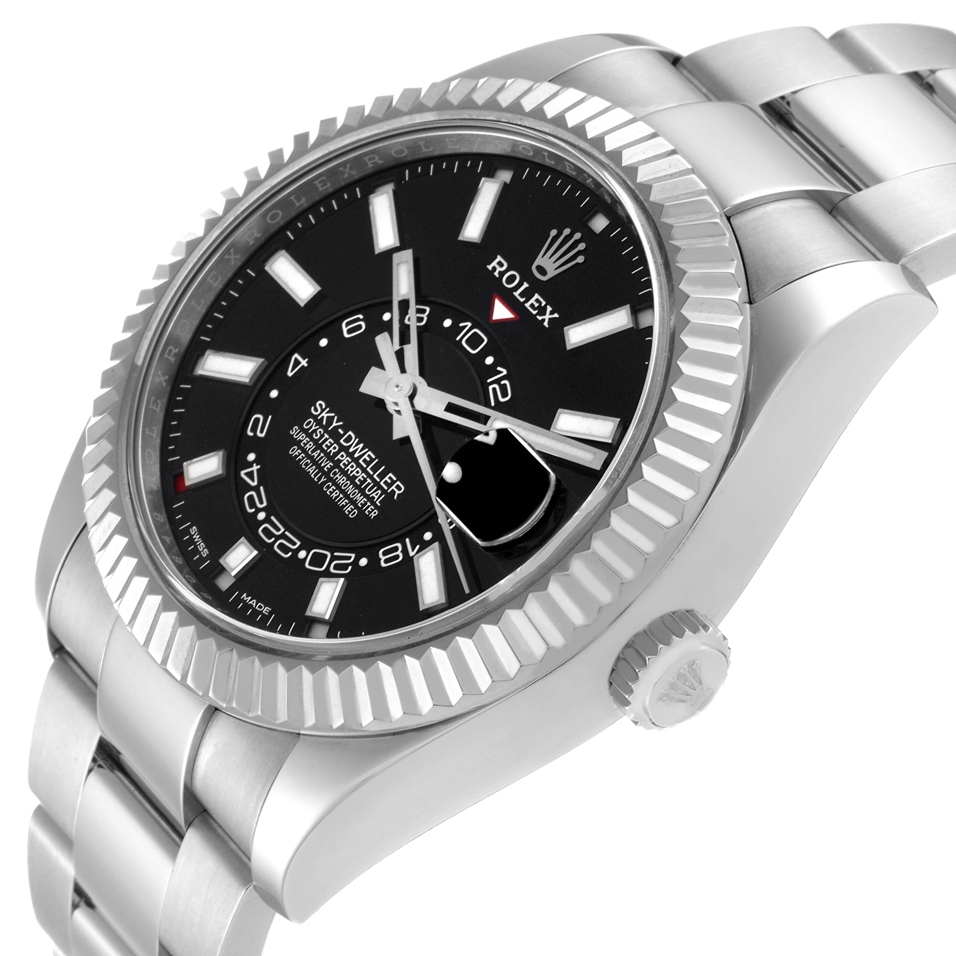 This image shows a Rolex Sky-Dweller 326934 Men
s Stainless Steel Black Dial 326934 Men
s Stainless Steel Black Dial watch at a three-quarter angle featuring the face, bezel, and part of the bracelet.