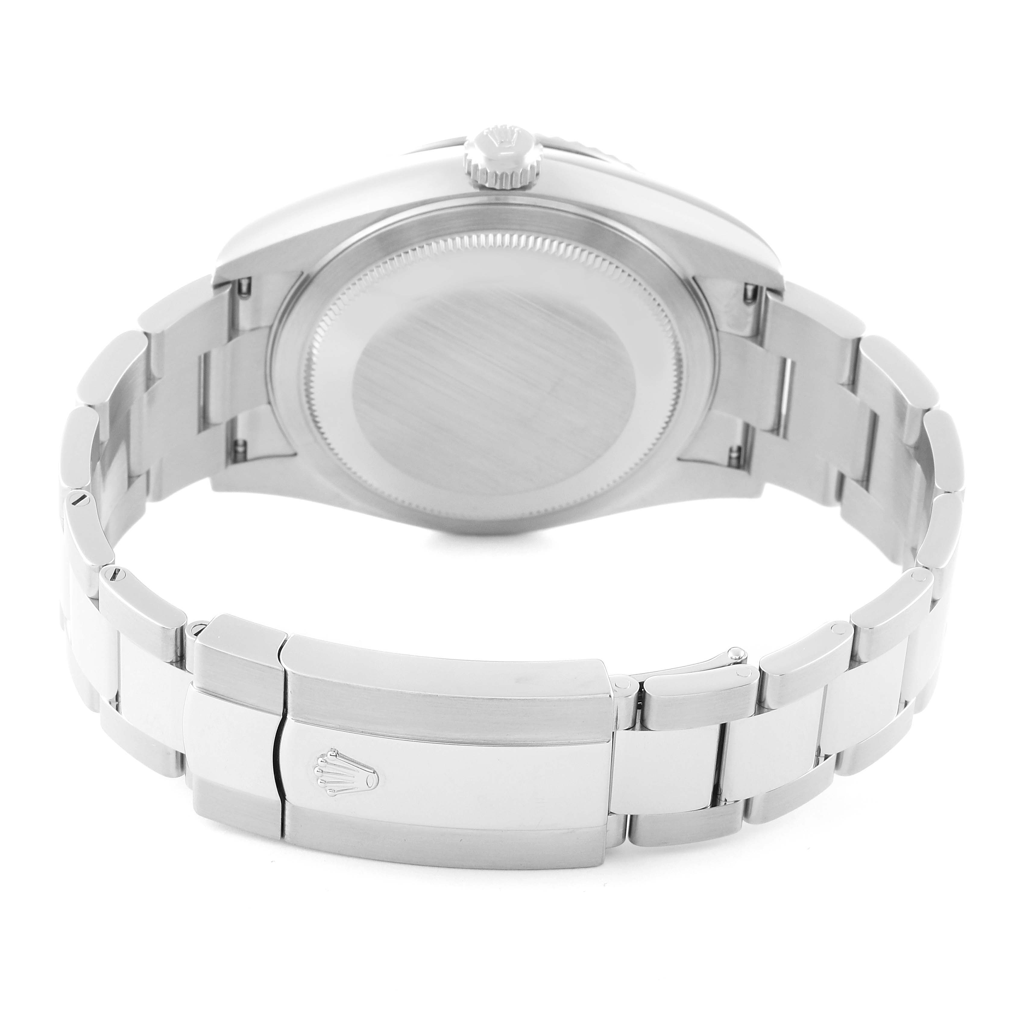 The image shows the back view and bracelet of a Rolex Sky-Dweller 326934 Men
s Stainless Steel Black Dial 326934 Men
s Stainless Steel Black Dial watch, prominently featuring the clasp and case back.