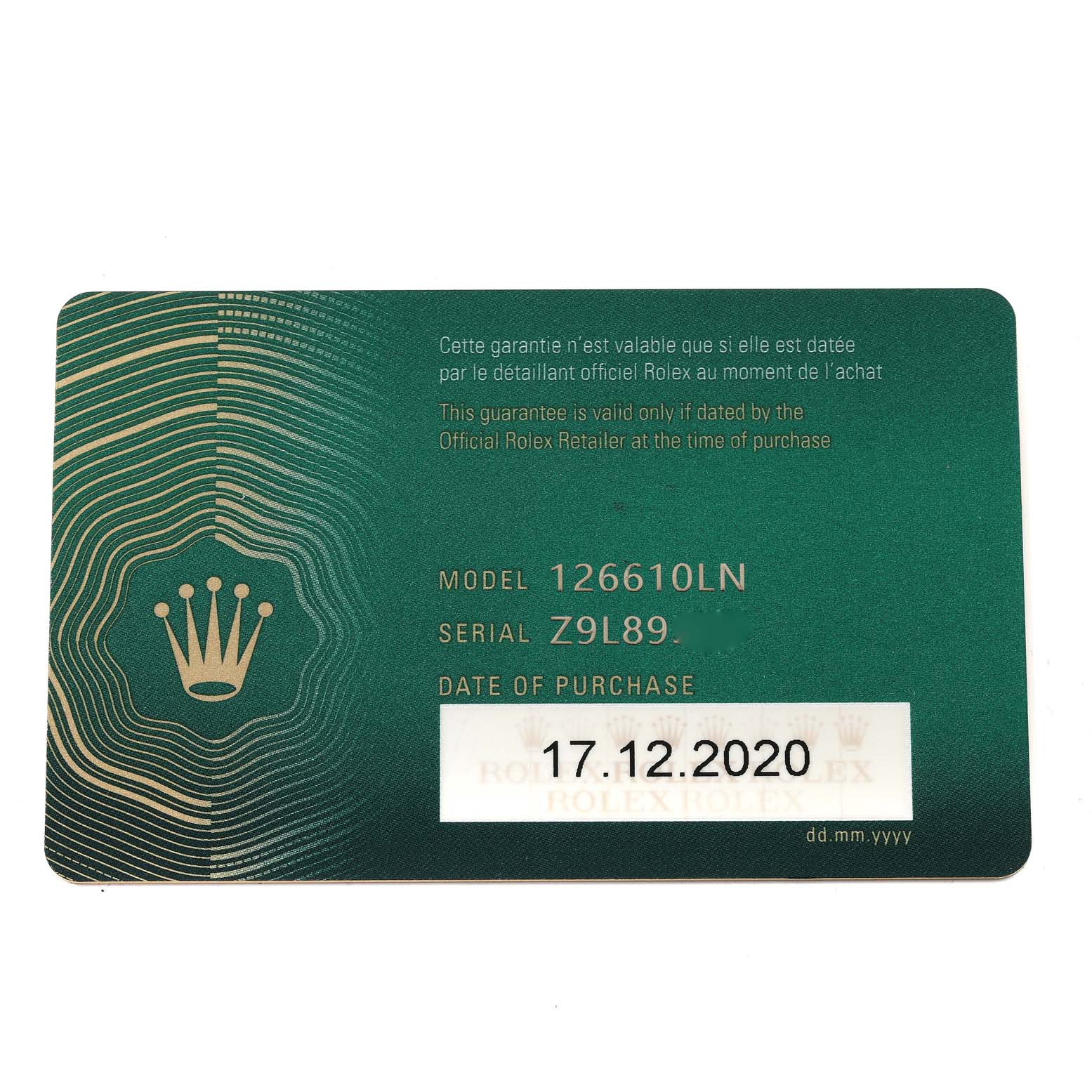 The image shows a Rolex warranty card for the Submariner model 126610LN, with serial Z9L89 and a purchase date of 17.12.2020.