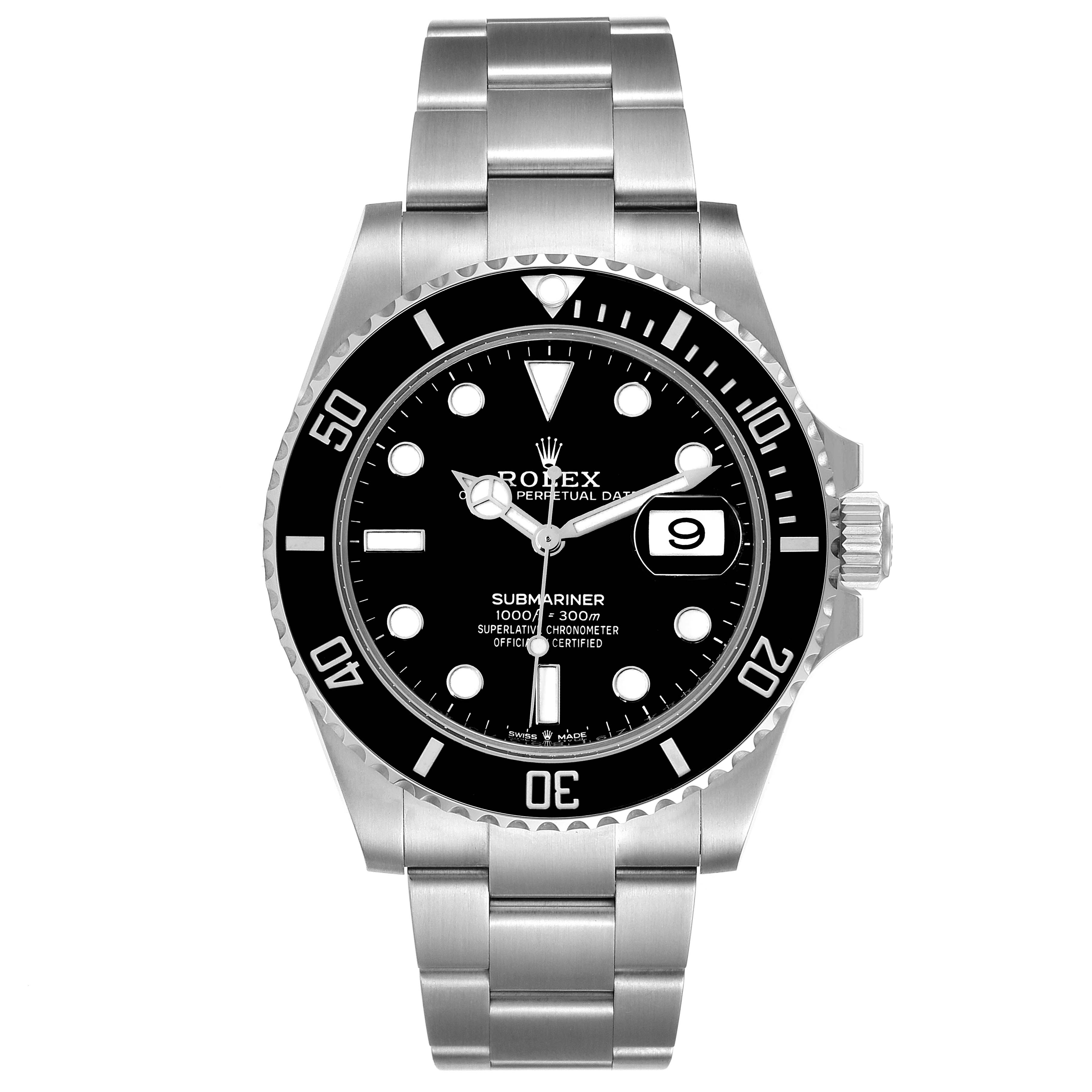 This image shows a Rolex Submariner 126610 Men's Stainless Steel Black Dial 126610 Men's Stainless Steel Black Dial watch from a top-down angle, featuring its dial, bezel, bracelet, and crown.