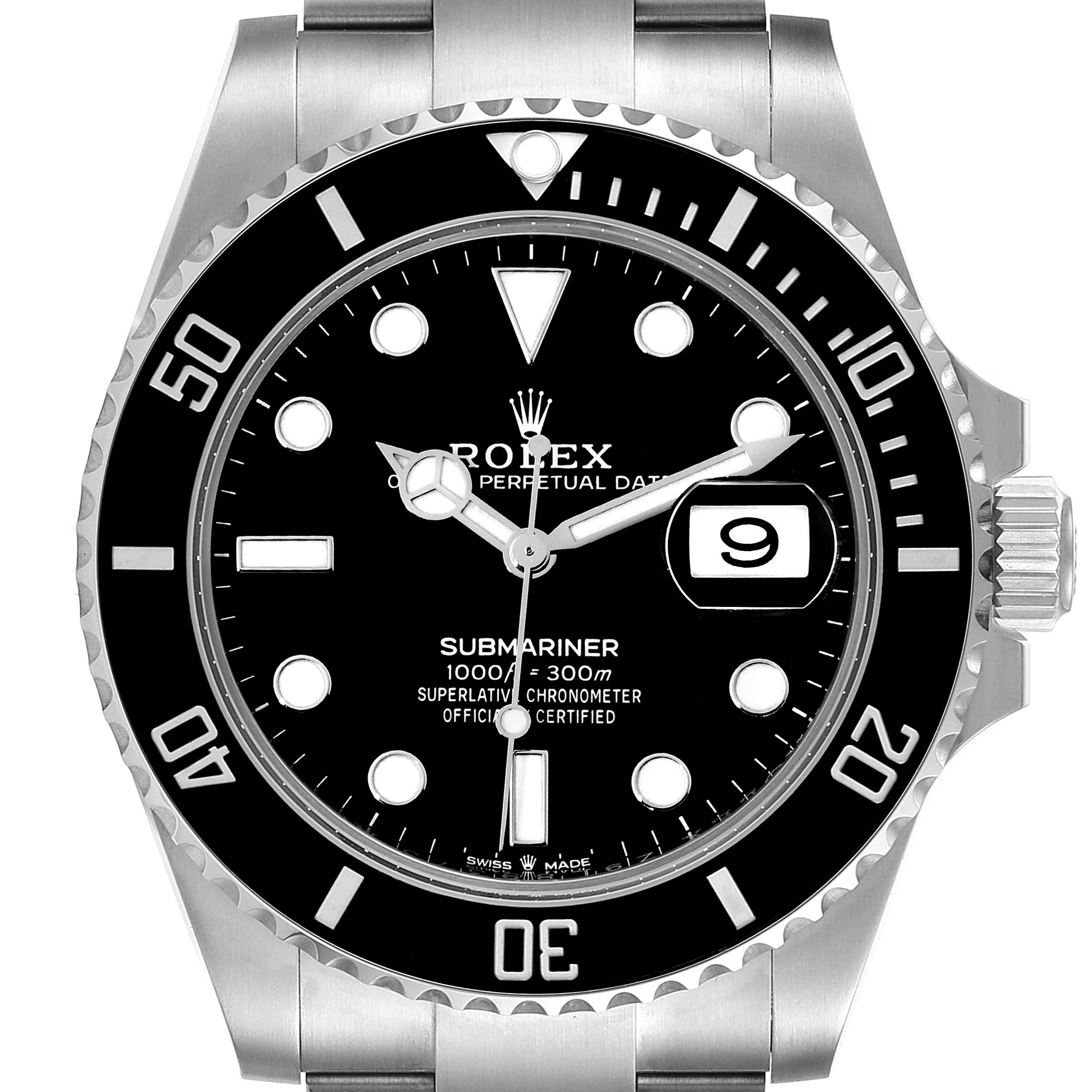 This is a front view of a Rolex Submariner 126610 Men's Stainless Steel Black Dial 126610 Men's Stainless Steel Black Dial watch, showing the dial, bezel, hands, and bracelet.