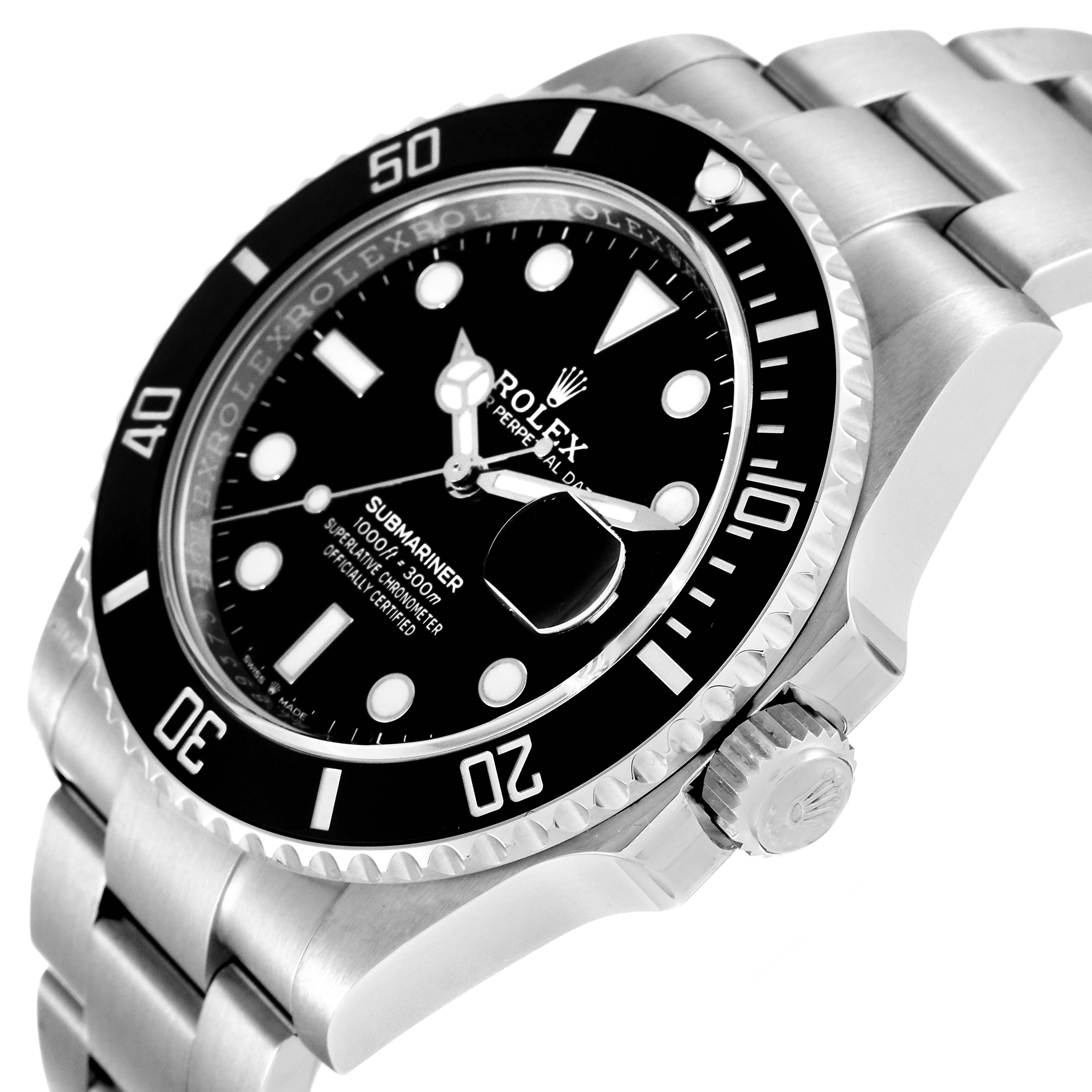 This image shows a Rolex Submariner 126610 Men's Stainless Steel Black Dial 126610 Men's Stainless Steel Black Dial watch at an oblique angle, highlighting its dial, bezel, and crown.