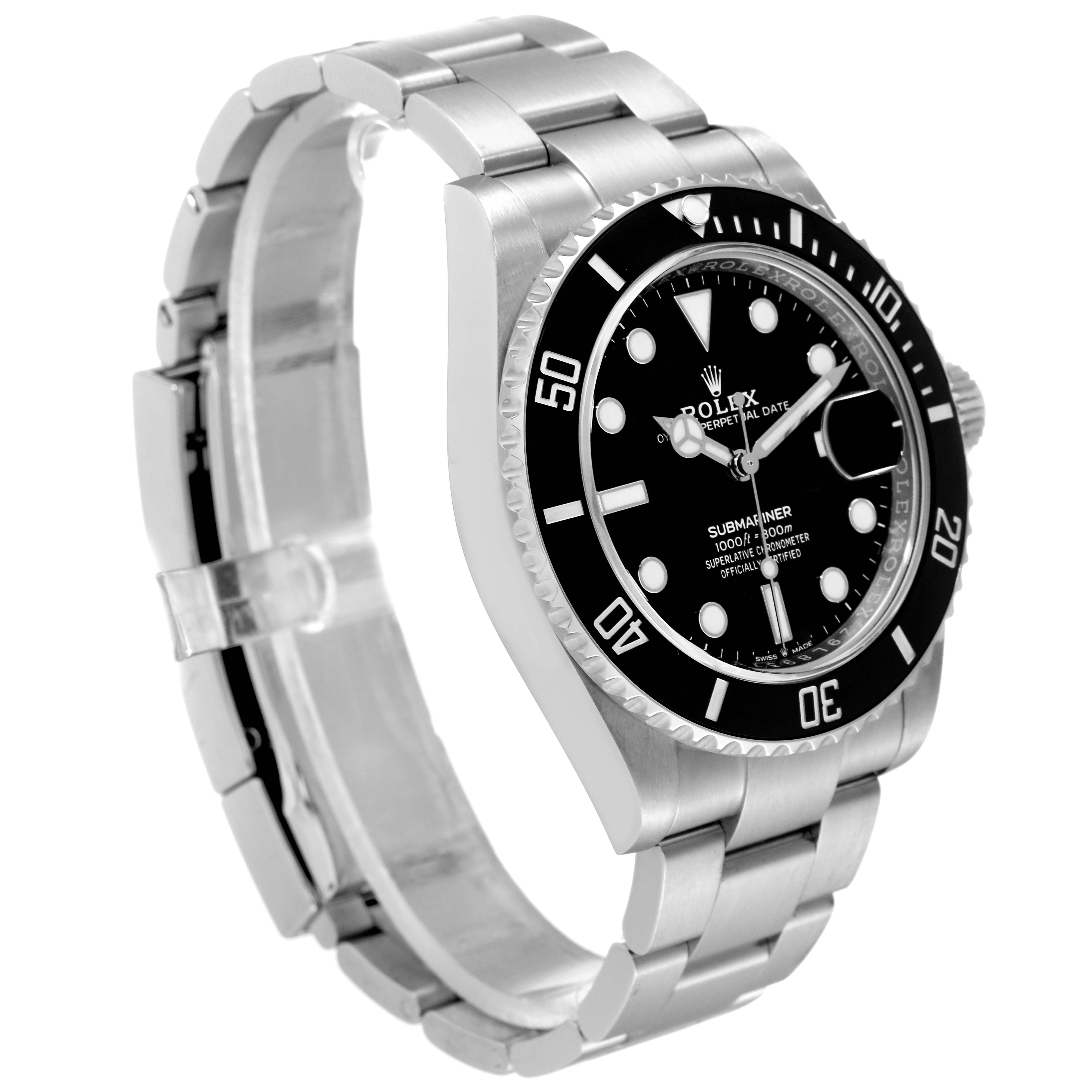 The image shows the side and front angle of a Rolex Submariner 126610 Men's Stainless Steel Black Dial 126610 Men's Stainless Steel Black Dial watch, highlighting the bezel, dial, and bracelet.