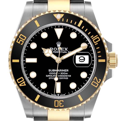 The Rolex Submariner watch is shown from the front, displaying the dial, bezel, and part of the bracelet.