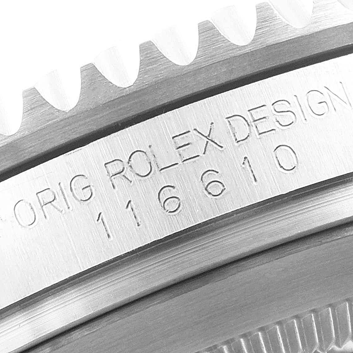 The image shows a close-up view of the case side and serial engraving of a Rolex Submariner 116610 Men's Stainless Steel Black Dial 116610 Men's Stainless Steel Black Dial model 116610.