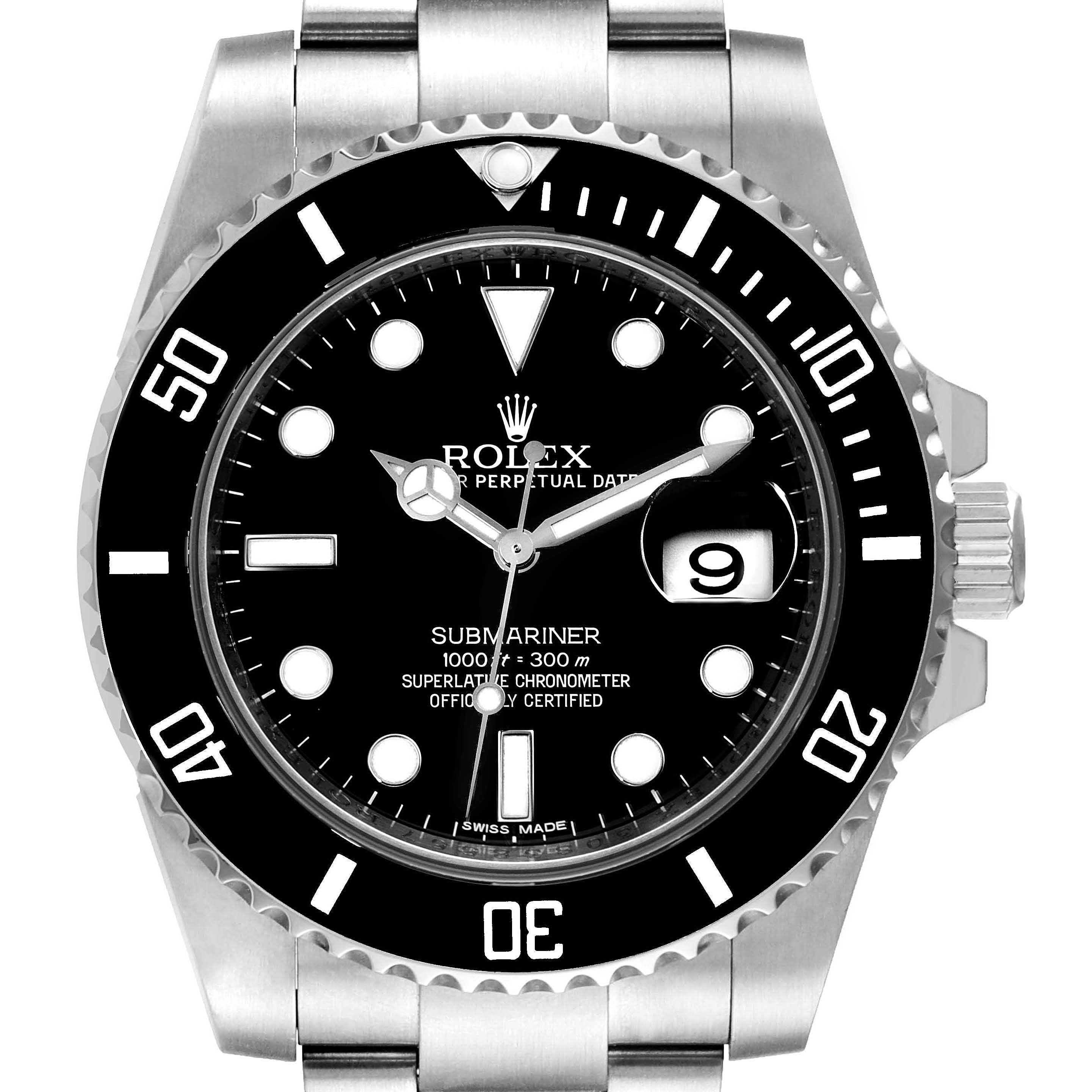 This image shows a front view of the Rolex Submariner 116610 Men's Stainless Steel Black Dial 116610 Men's Stainless Steel Black Dial watch, highlighting its bezel, dial, hands, and bracelet.