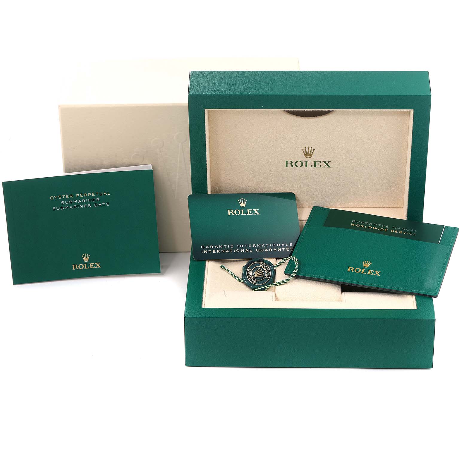The image shows the Rolex Submariner 126610 Men's Stainless Steel Black Dial 126610 Men's Stainless Steel Black Dial packaging including a green box, warranty cards, manuals, and a Rolex tag.