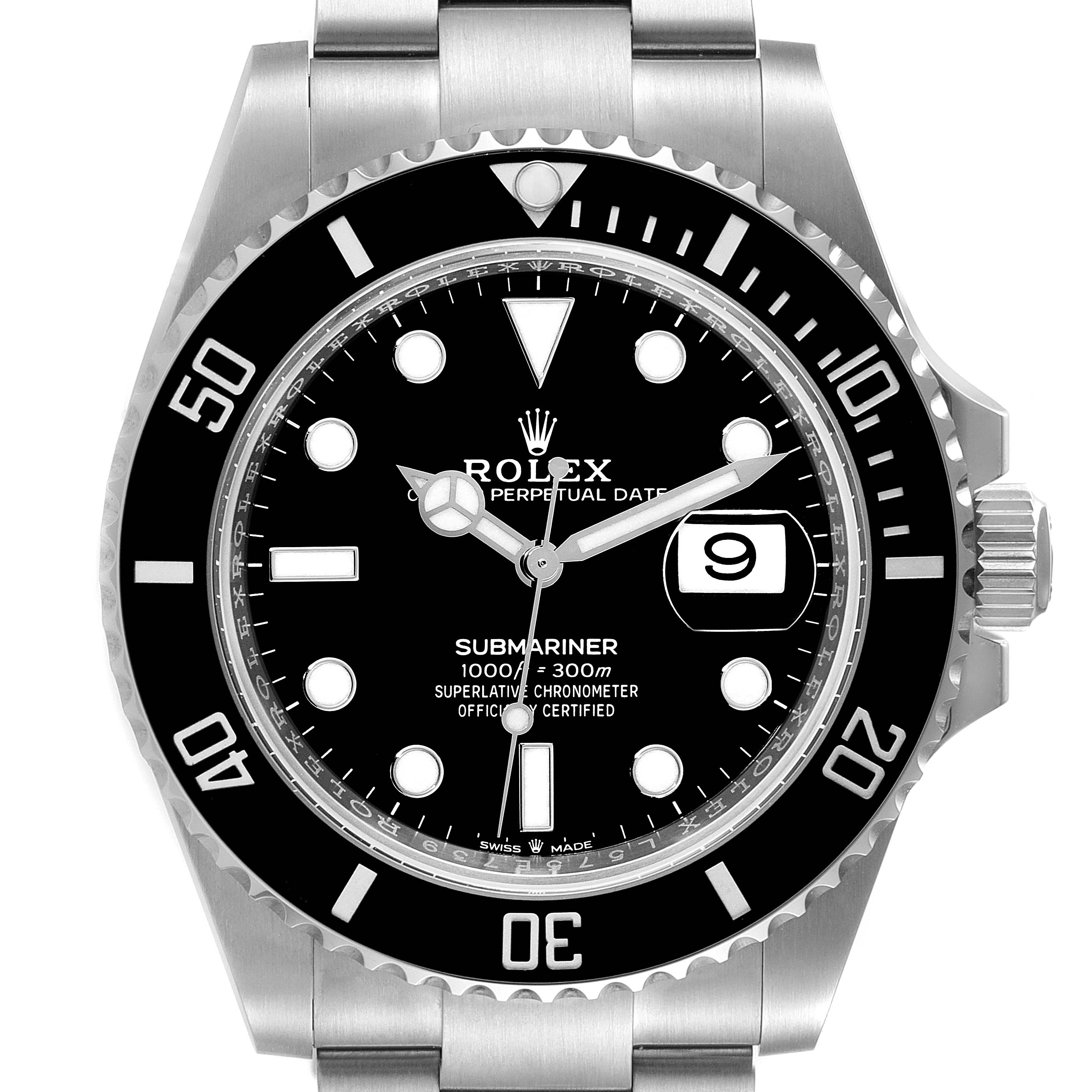 This is a front view of the Rolex Submariner 126610 Men's Stainless Steel Black Dial 126610 Men's Stainless Steel Black Dial showing the dial, bezel, case, crown, and part of the bracelet.