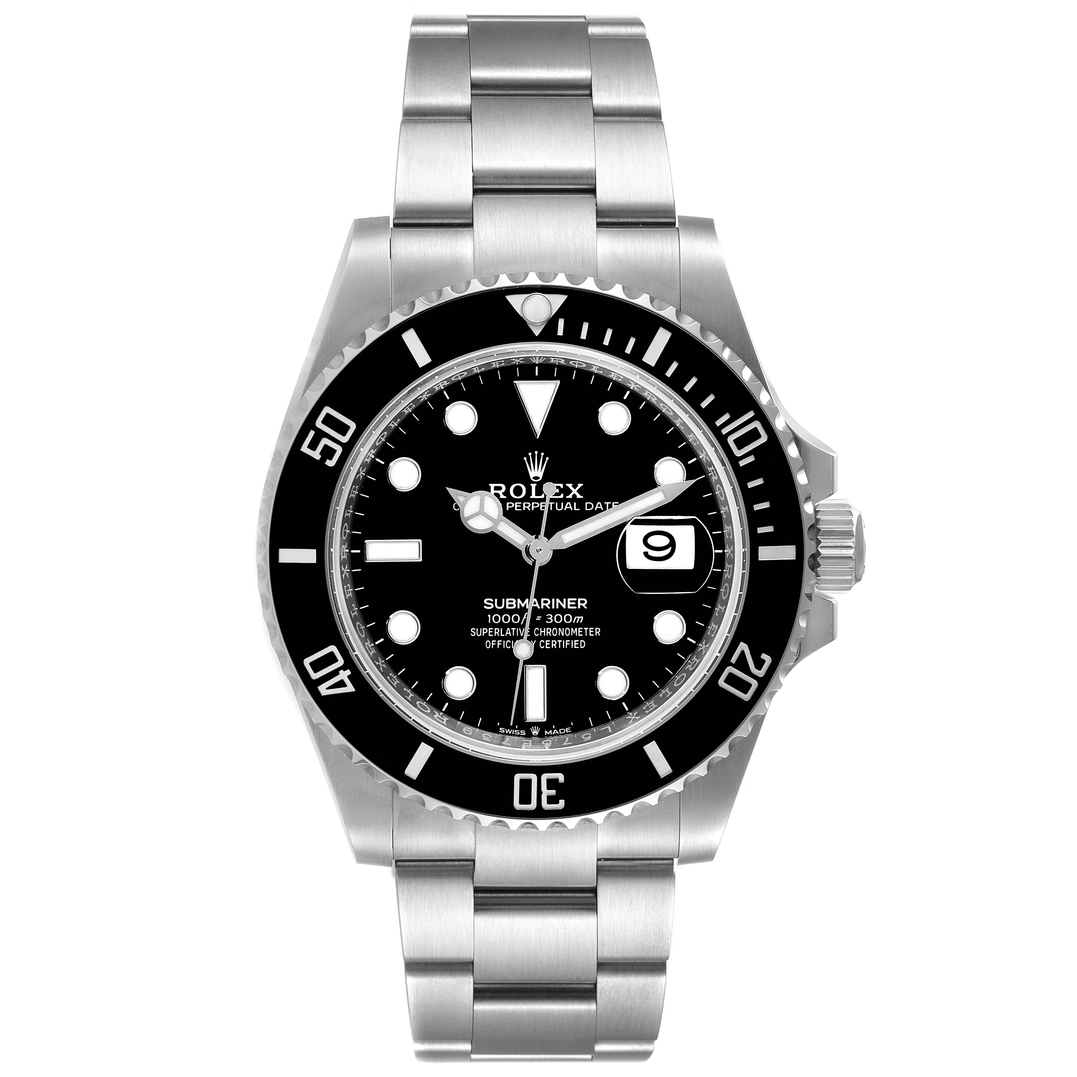 The image shows a front view of a Rolex Submariner 126610 Men's Stainless Steel Black Dial 126610 Men's Stainless Steel Black Dial watch, featuring its bracelet, bezel, dial, and date window.