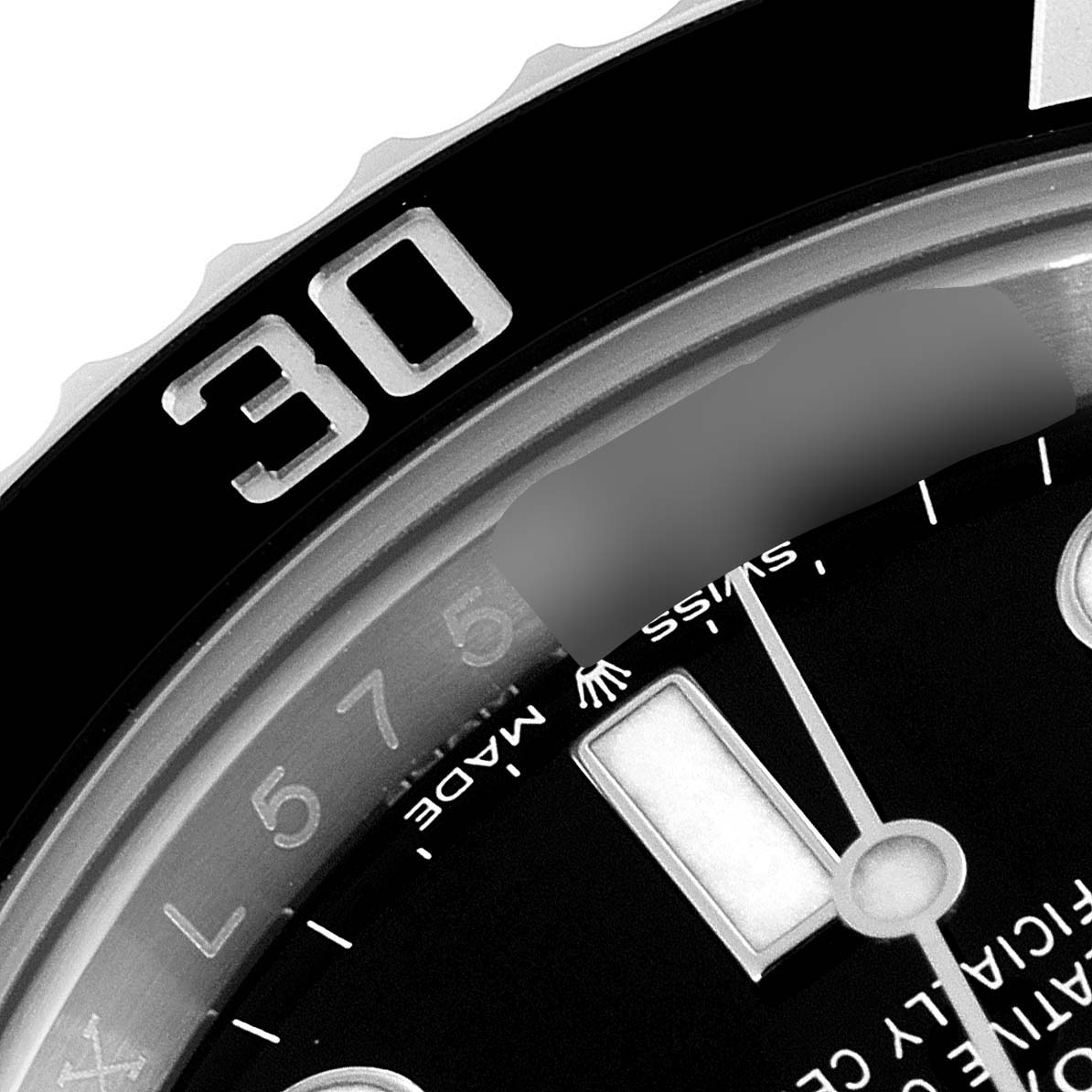 The image shows a close-up angle of the bezel, dial, and part of the minute hand of a Rolex Submariner 126610 Men's Stainless Steel Black Dial 126610 Men's Stainless Steel Black Dial watch.