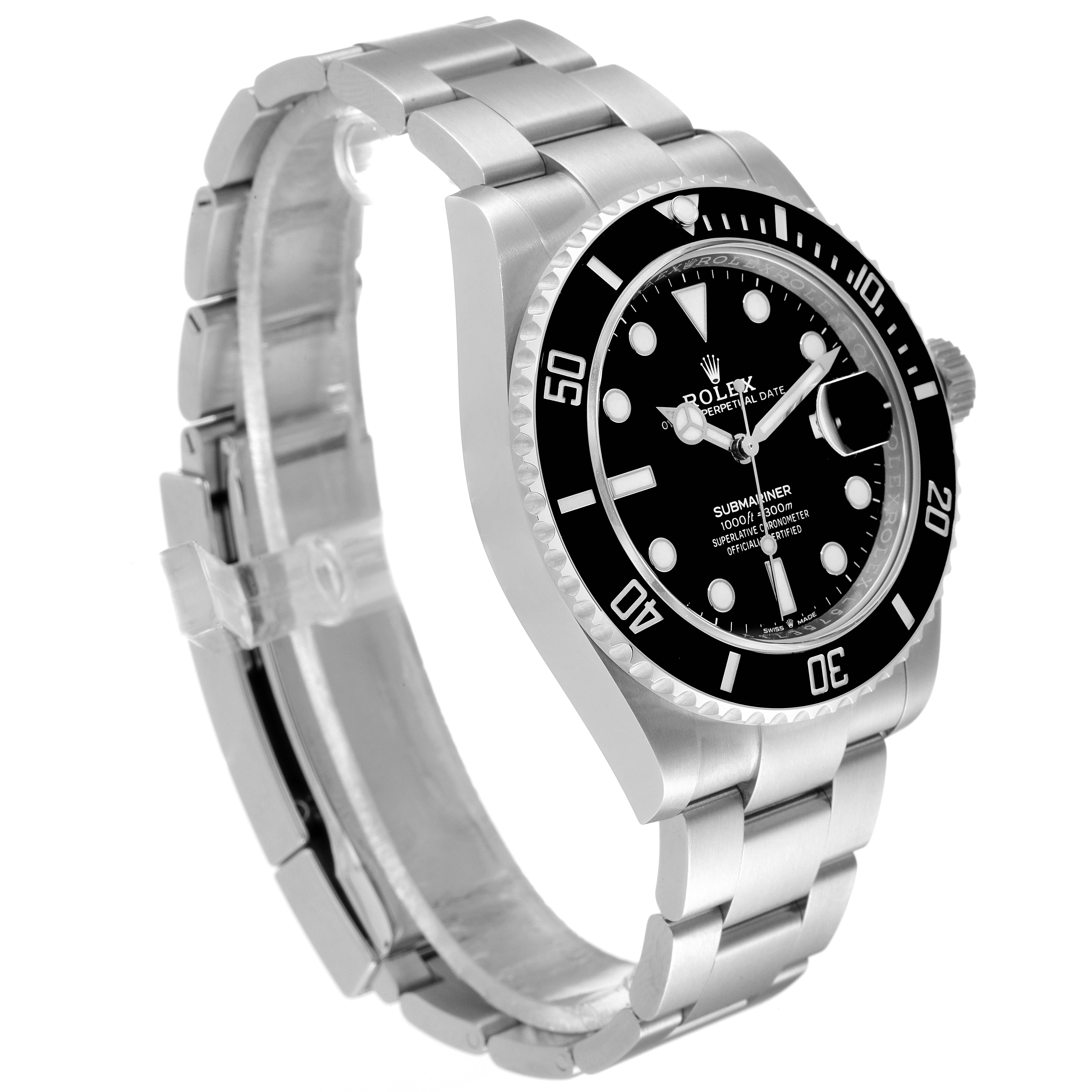 The image shows a side and top angle of the Rolex Submariner 126610 Men's Stainless Steel Black Dial 126610 Men's Stainless Steel Black Dial, highlighting its bracelet, bezel, dial, and crown.