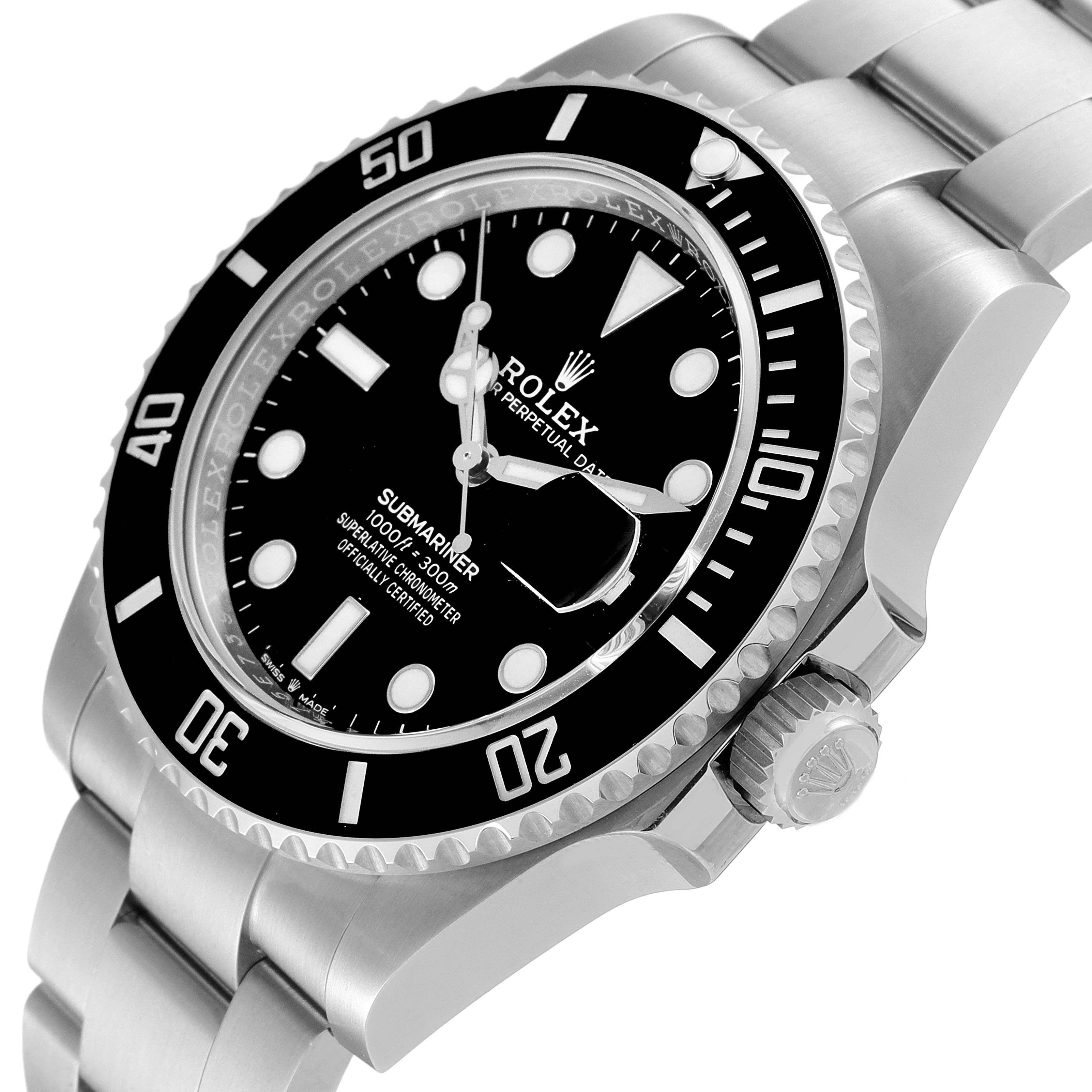 The image shows a side angle of the Rolex Submariner 126610 Men's Stainless Steel Black Dial 126610 Men's Stainless Steel Black Dial watch, highlighting the bezel, dial, crown, and part of the bracelet.