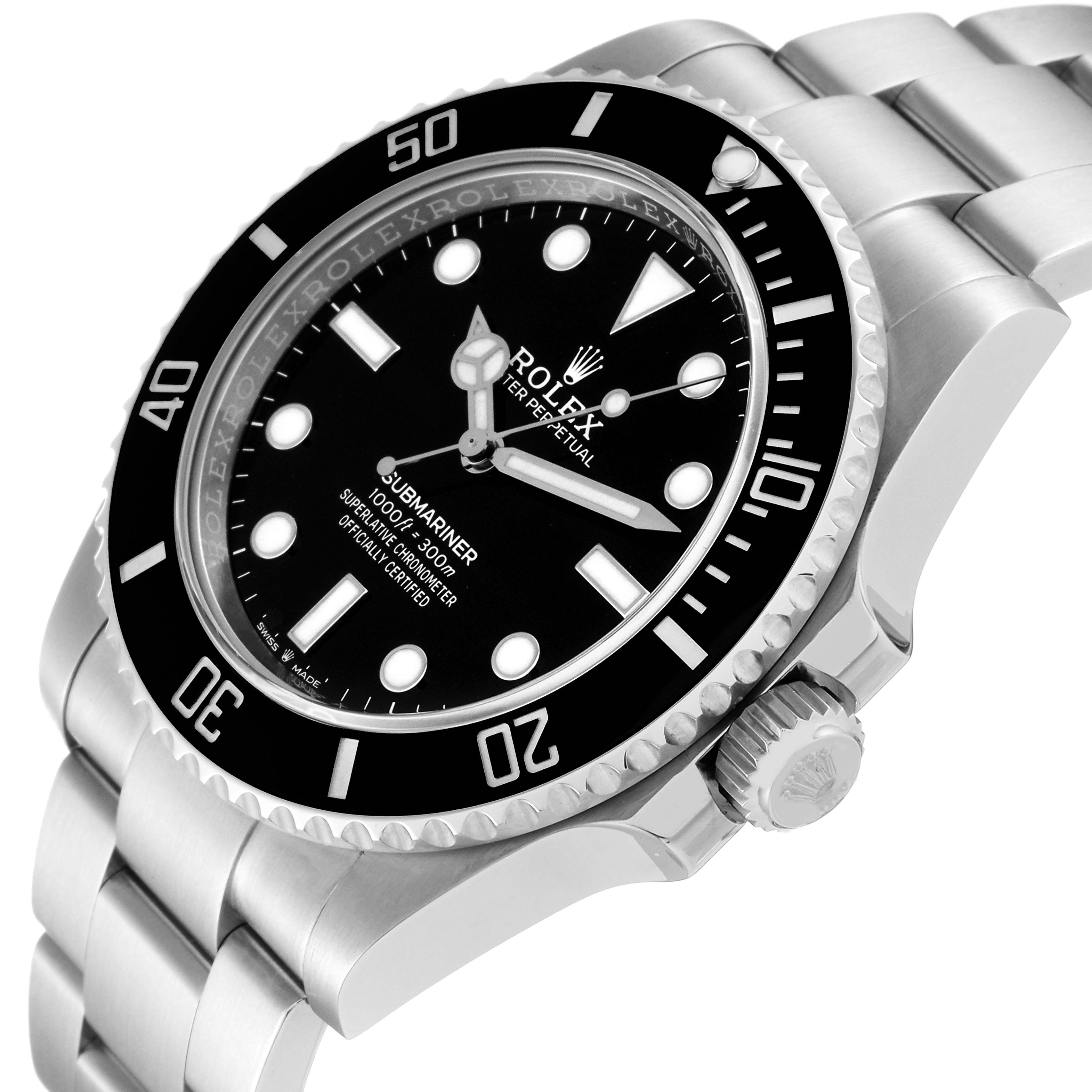 This image shows a Rolex Submariner 124060 Men
s Stainless Steel Black Dial 124060 Men
s Stainless Steel Black Dial watch from a side angle, highlighting its case, bezel, dial, and bracelet.