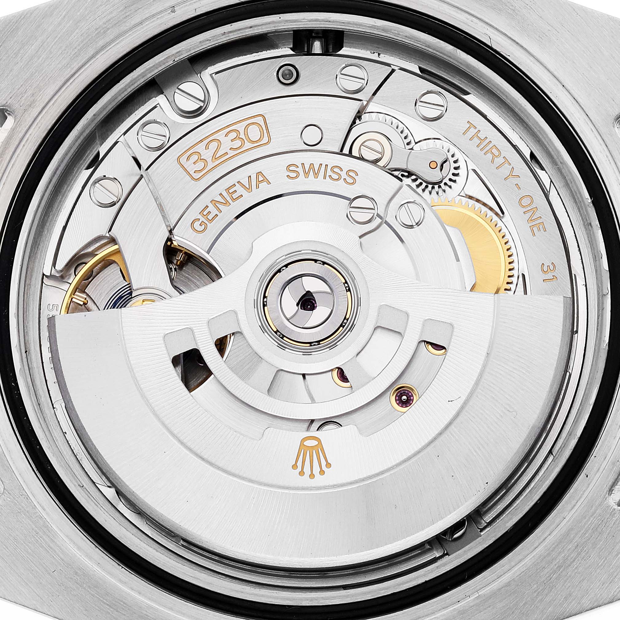 This image shows the intricate internal mechanism of a Rolex Submariner 124060 Men
s Stainless Steel Black Dial 124060 Men
s Stainless Steel Black Dial watch from a close-up angle, highlighting the 3230 movement.