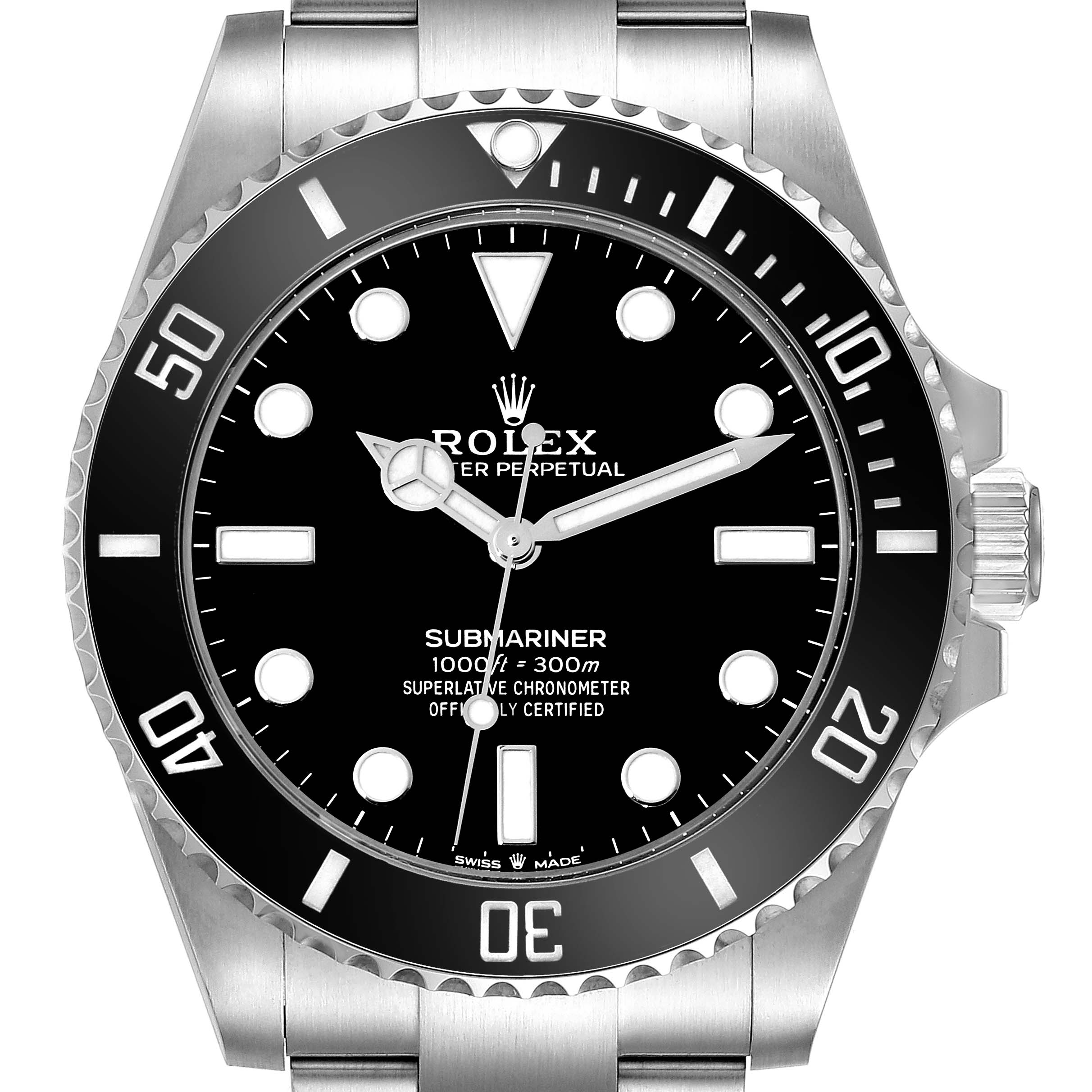 This image shows a front view of a Rolex Submariner 124060 Men
s Stainless Steel Black Dial 124060 Men
s Stainless Steel Black Dial watch, highlighting the dial, bezel, and part of the bracelet.
