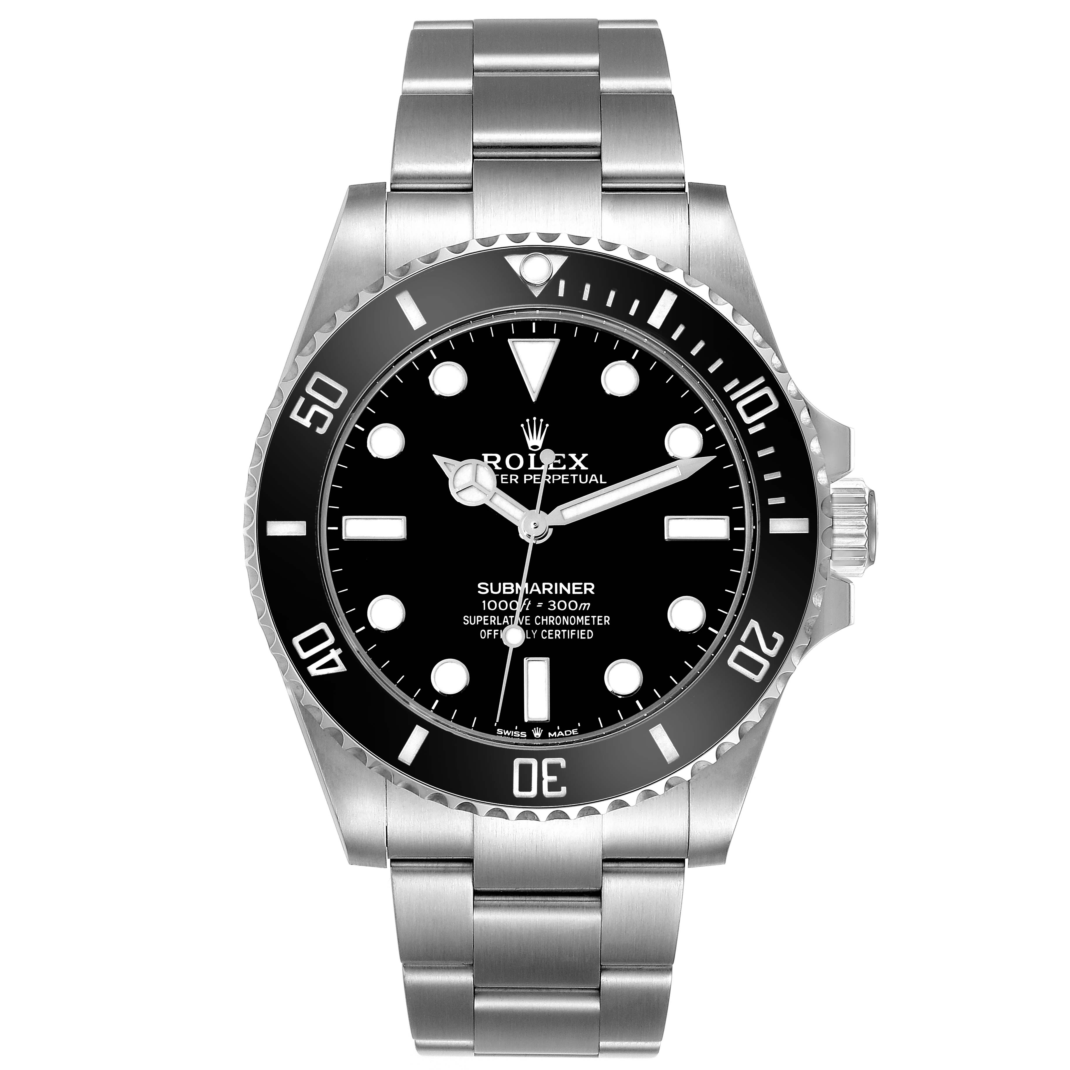 This image shows a front view of a Rolex Submariner 124060 Men
s Stainless Steel Black Dial 124060 Men
s Stainless Steel Black Dial watch, highlighting the dial, bezel, and bracelet.