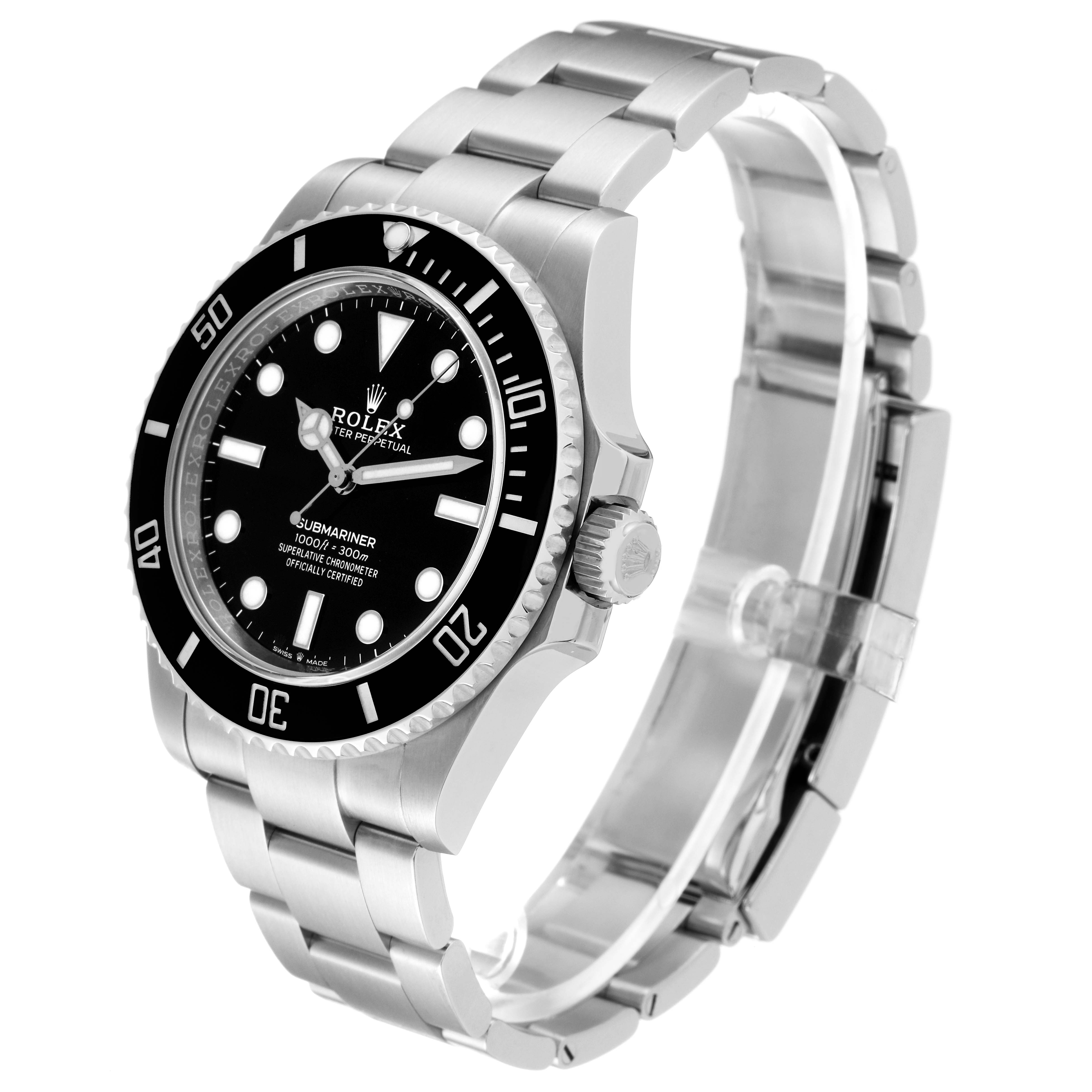The image shows the Rolex Submariner 124060 Men
s Stainless Steel Black Dial 124060 Men
s Stainless Steel Black Dial watch at a 3/4 angle, displaying its face, bezel, crown, and bracelet.