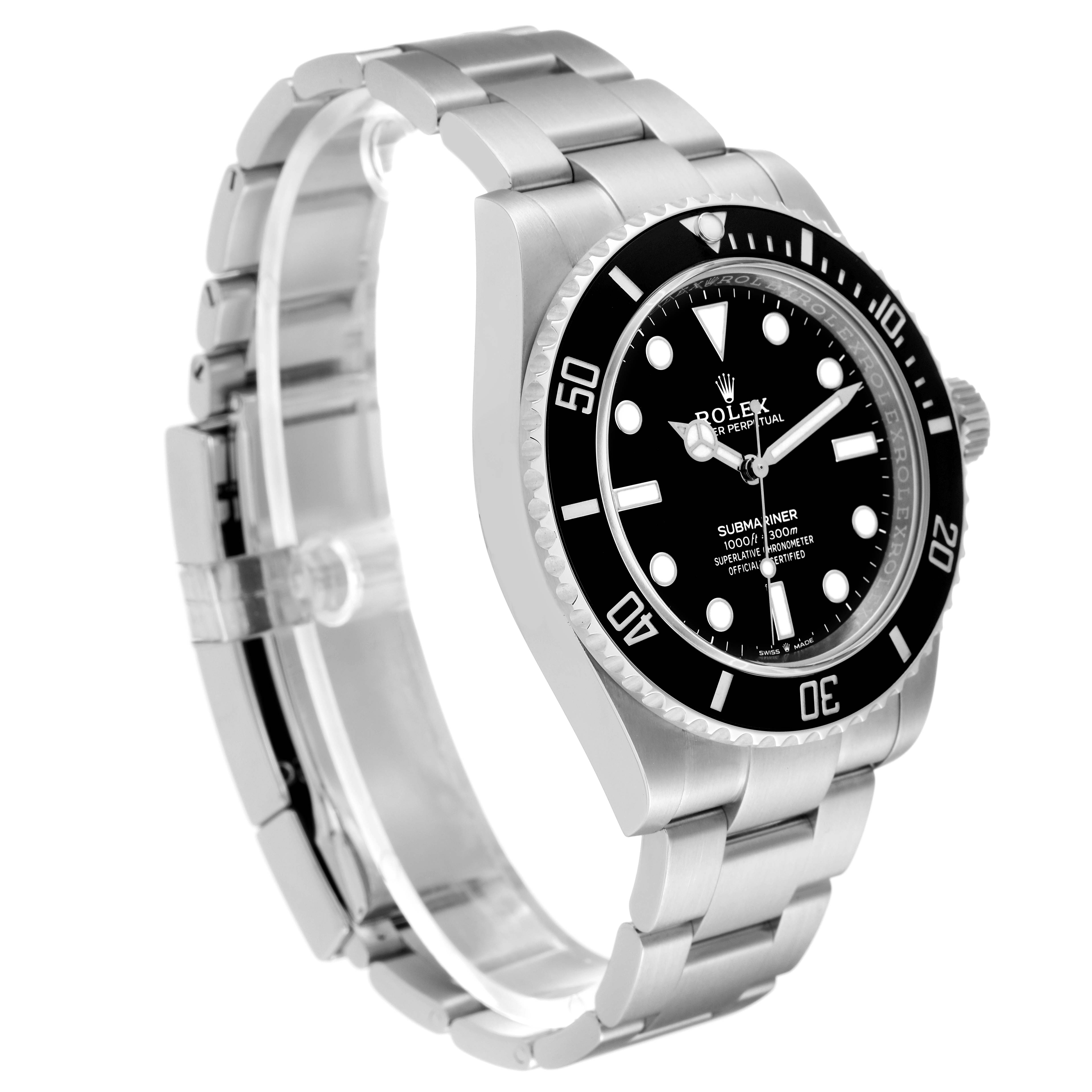 The image shows a side view of a Rolex Submariner 124060 Men
s Stainless Steel Black Dial 124060 Men
s Stainless Steel Black Dial watch, highlighting the bracelet, bezel, and case.