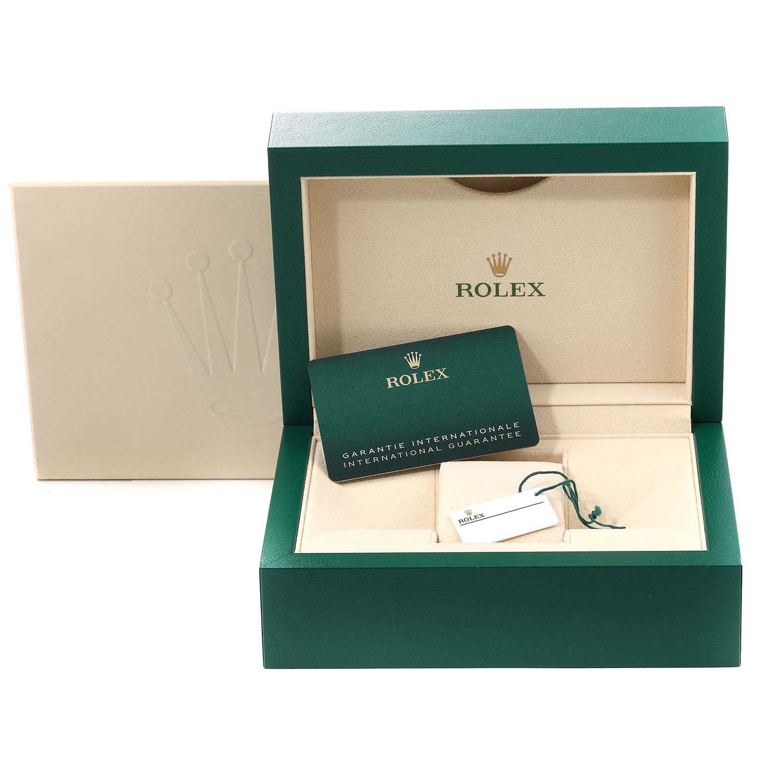 The image shows a Rolex Submariner 124060 Men
s Stainless Steel Black Dial 124060 Men
s Stainless Steel Black Dial box set with the warranty card and tags included, viewed from the front.