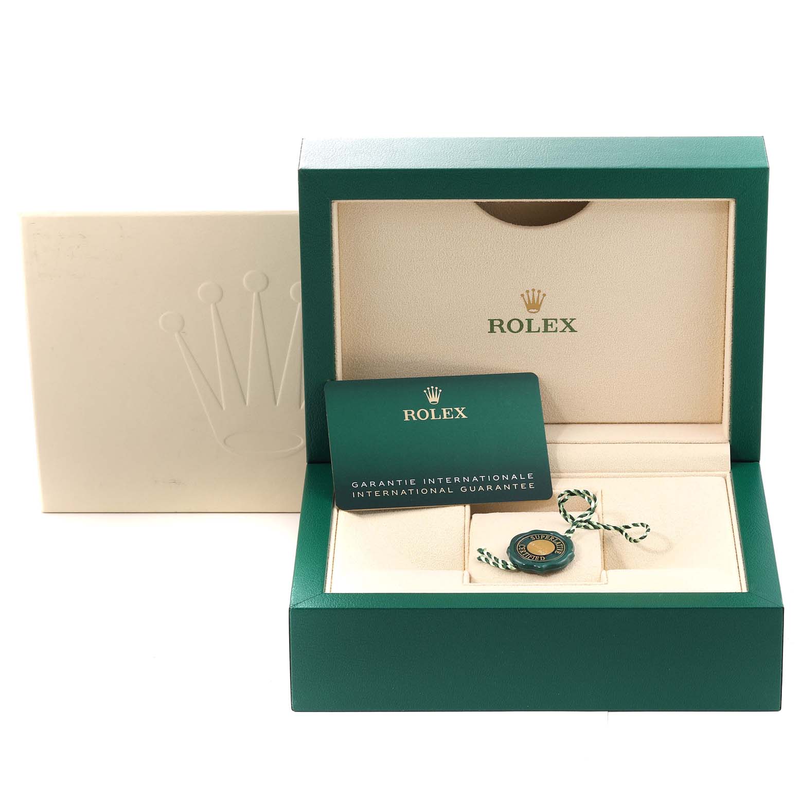 The image shows a Rolex Submariner 126610LV Men
s Stainless Steel Black Dial 126610LV Men
s Stainless Steel Black Dial watch box with an international guarantee card and a green tag, viewed from the front.