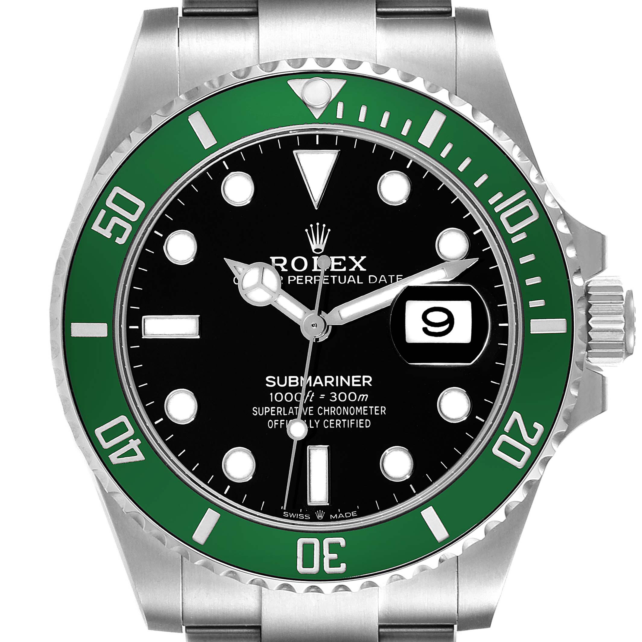 The image shows a front view of the Rolex Submariner 126610LV Men
s Stainless Steel Black Dial 126610LV Men
s Stainless Steel Black Dial watch, displaying its bezel, dial, hands, and date window.