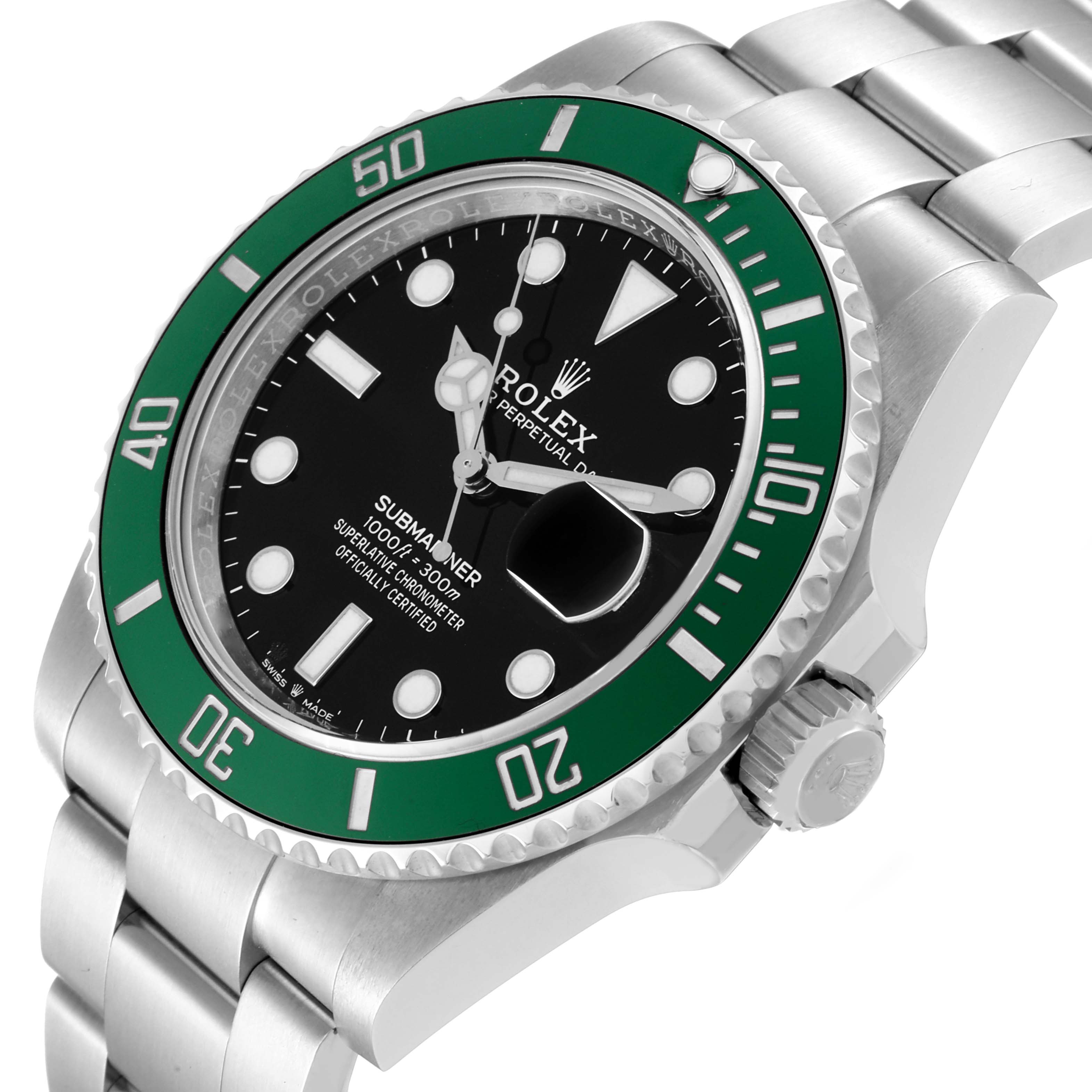 The image shows a Rolex Submariner 126610LV Men
s Stainless Steel Black Dial 126610LV Men
s Stainless Steel Black Dial watch at an angled close-up, highlighting its green bezel, black dial, and stainless steel bracelet.