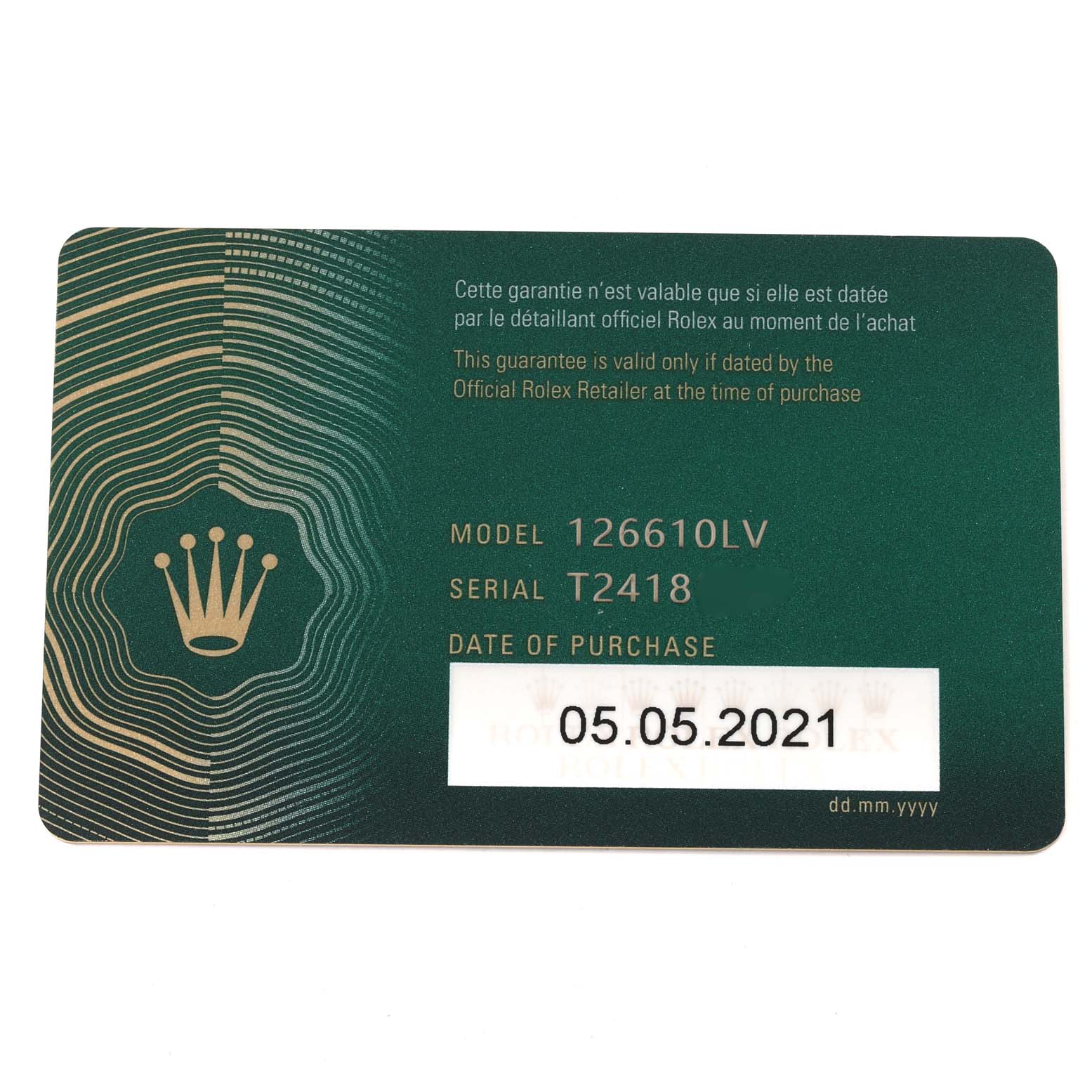 This image shows a Rolex guarantee card for the Submariner model 126610LV, with the purchase date of 05.05.2021.