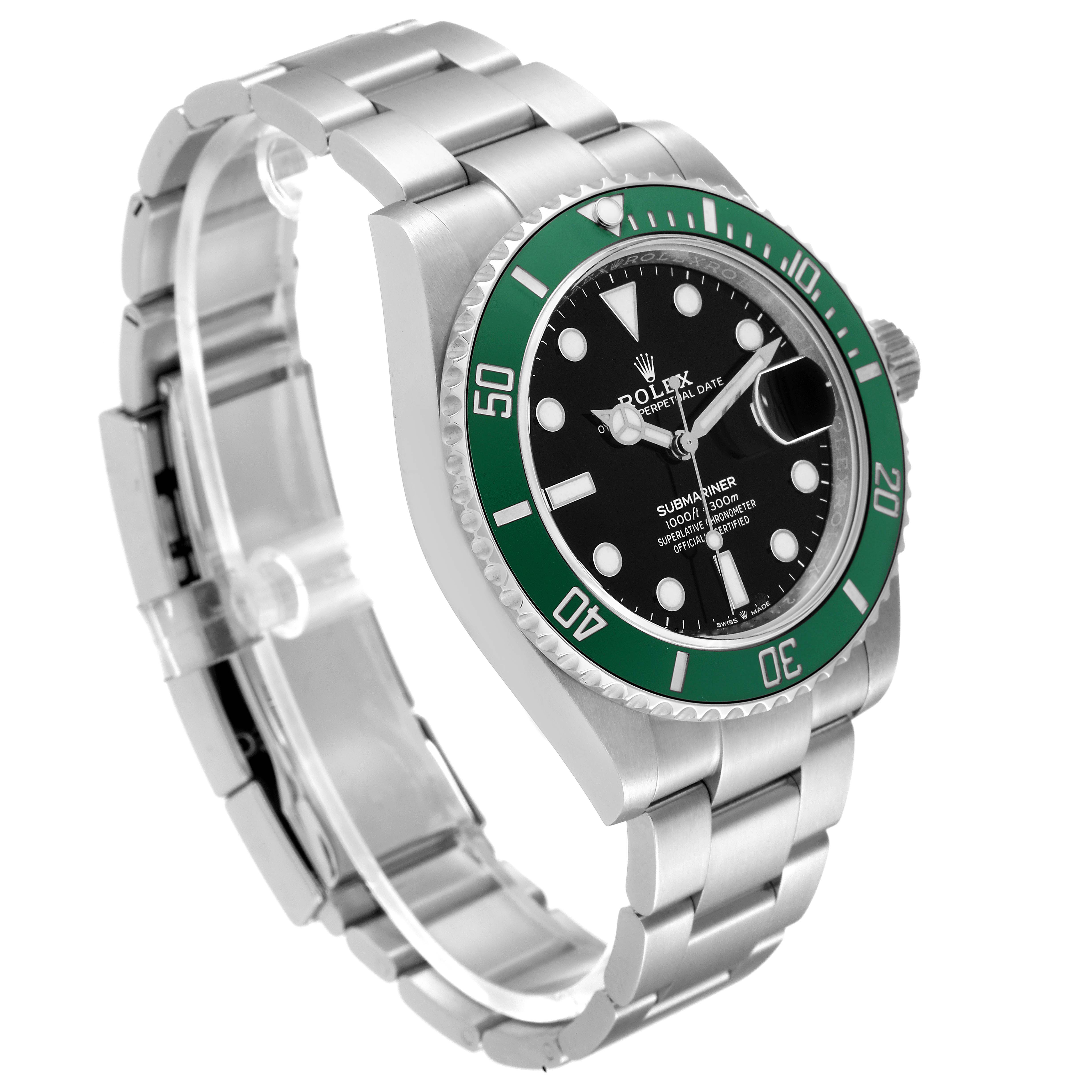 The Rolex Submariner 126610LV Men
s Stainless Steel Black Dial 126610LV Men
s Stainless Steel Black Dial watch is shown at a front-side angle, displaying the face, bezel, crown, and bracelet.