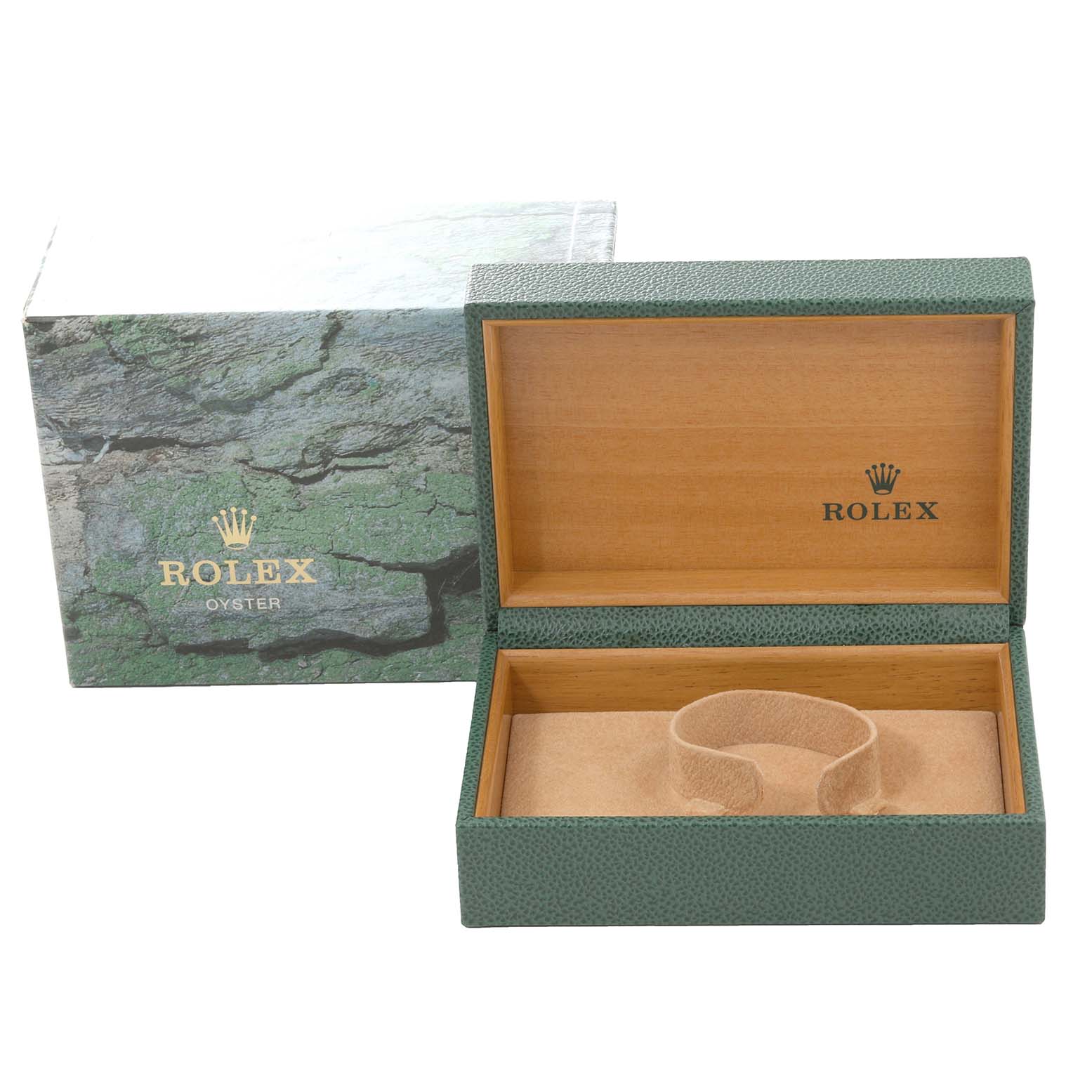 The image shows an open Rolex Yacht-Master 69623 Women's Steel and Gold (two tone) Grey Dial 69623 Women's Steel and Gold (two tone) Grey Dial watch box with a green exterior and beige interior, alongside its outer packaging.