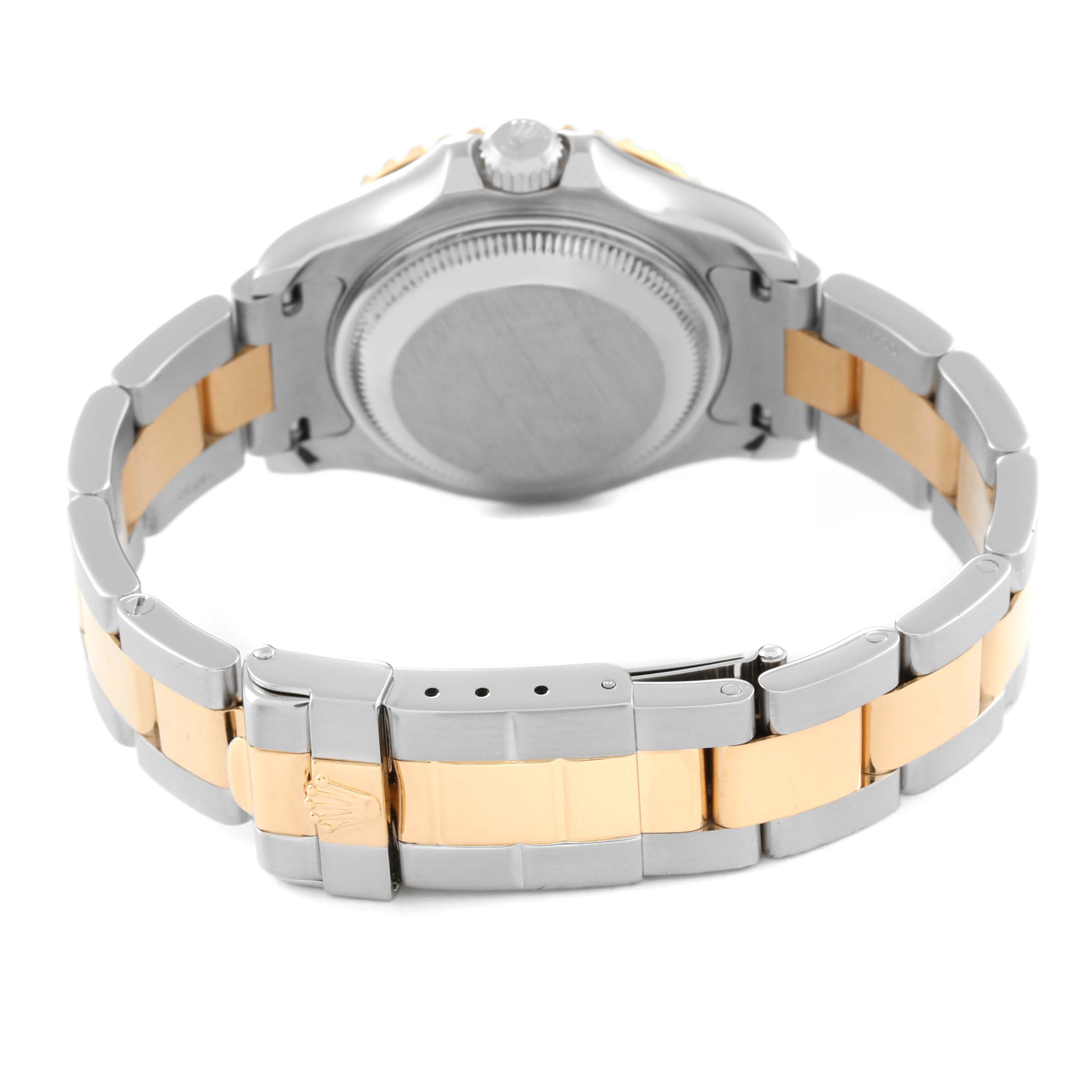 The image shows the back view of a Rolex Yacht-Master 69623 Women's Steel and Gold (two tone) Grey Dial 69623 Women's Steel and Gold (two tone) Grey Dial model watch, highlighting the bracelet and clasp.