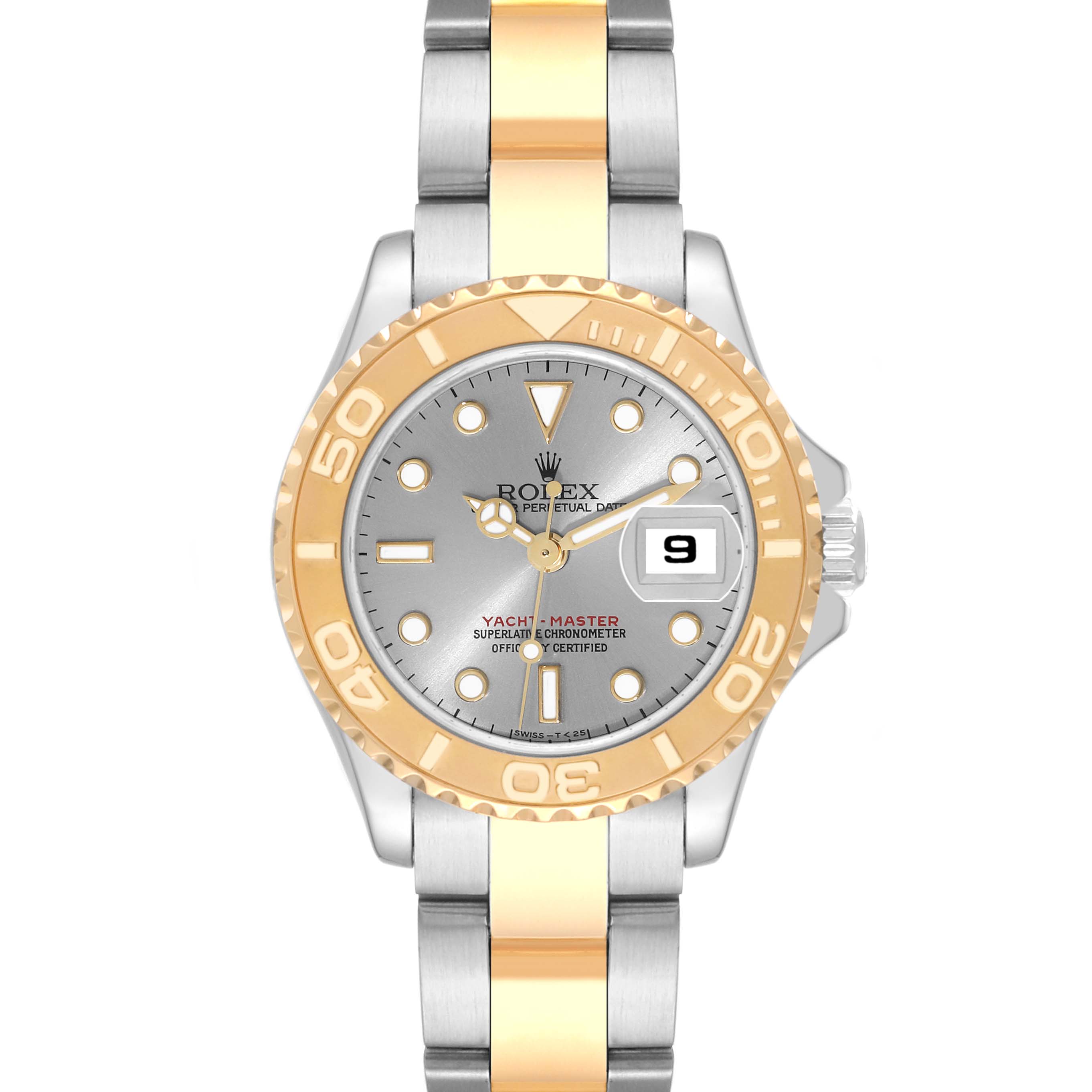 The Rolex Yacht-Master 69623 Women's Steel and Gold (two tone) Grey Dial 69623 Women's Steel and Gold (two tone) Grey Dial watch is shown from a top-down angle, highlighting its dial, bezel, and bracelet.