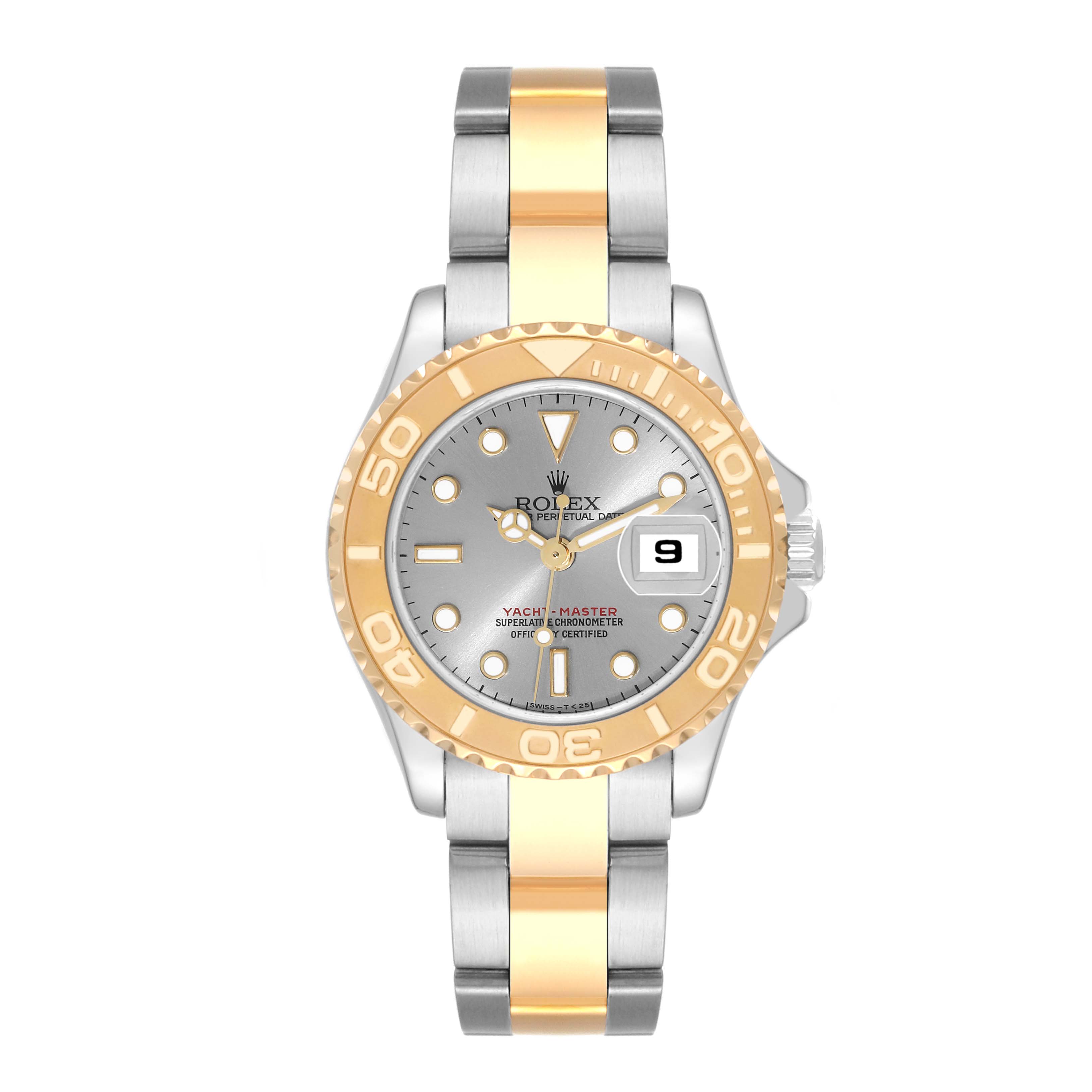 Front view of the Rolex Yacht-Master 69623 Women's Steel and Gold (two tone) Grey Dial 69623 Women's Steel and Gold (two tone) Grey Dial watch, showcasing the face, bezel, and two-tone metal bracelet.