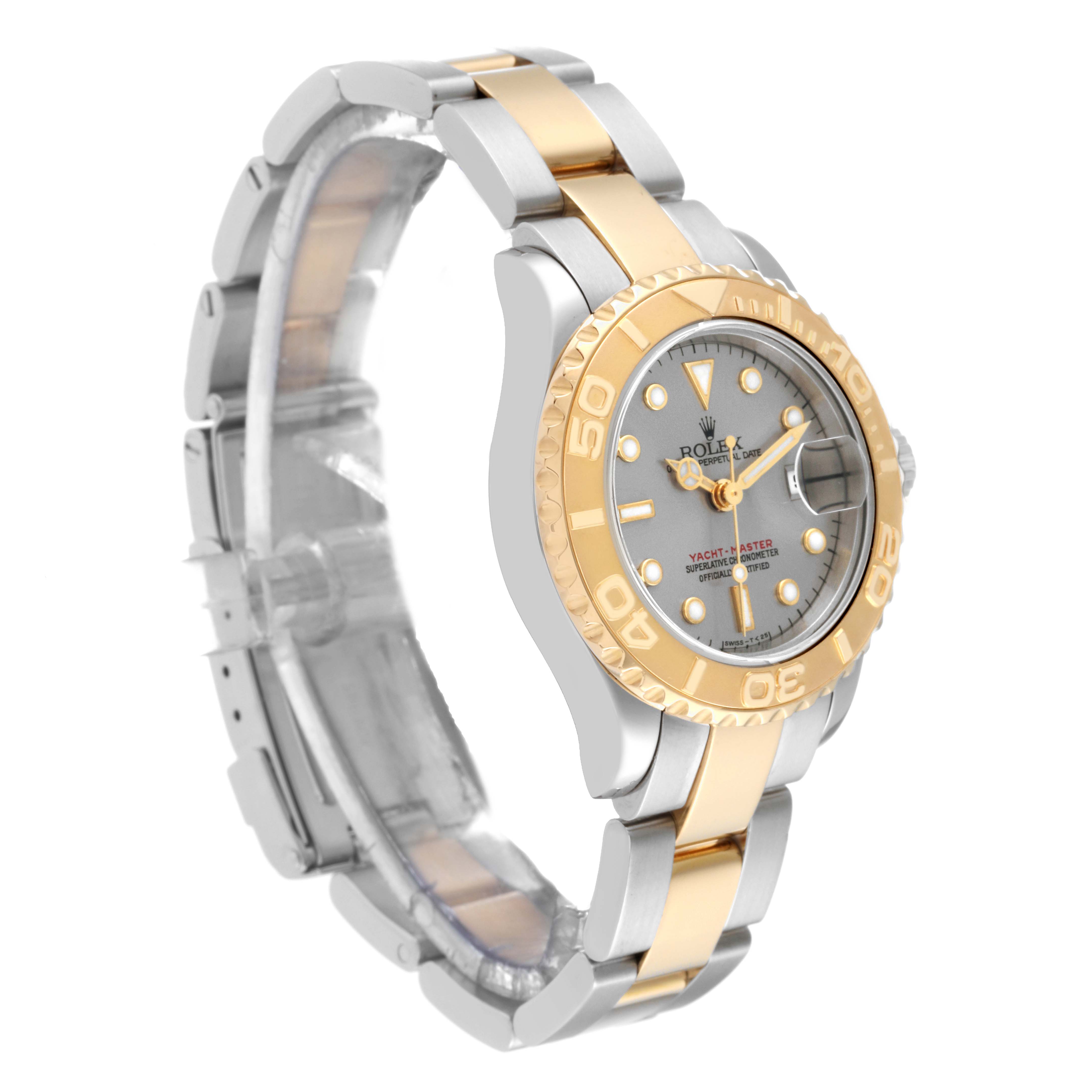 The Rolex Yacht-Master 69623 Women's Steel and Gold (two tone) Grey Dial 69623 Women's Steel and Gold (two tone) Grey Dial watch is shown at a slight side angle, highlighting its stainless steel and gold bracelet, bezel, and face.