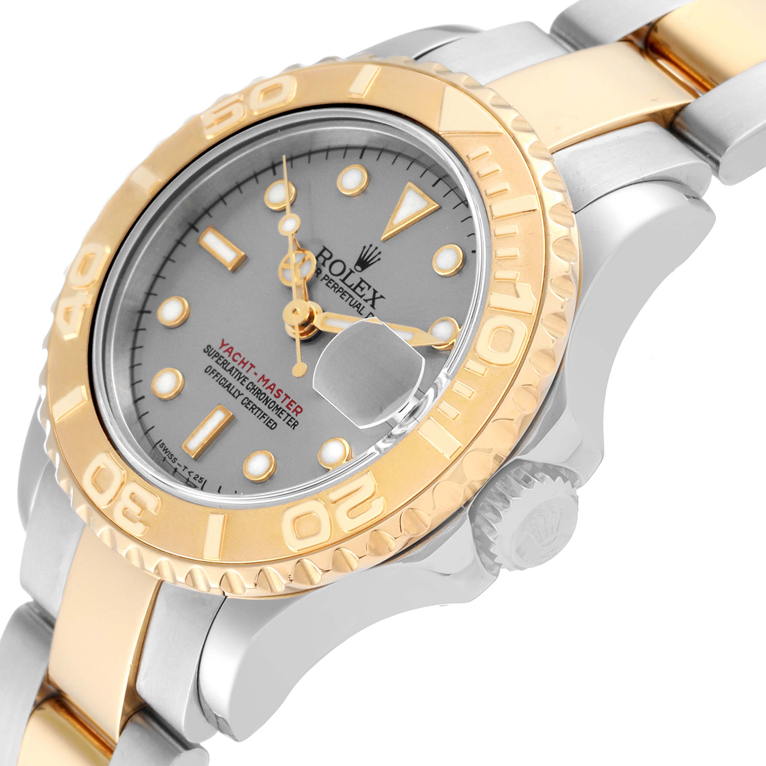 This image shows a side view of the Rolex Yacht-Master 69623 Women's Steel and Gold (two tone) Grey Dial 69623 Women's Steel and Gold (two tone) Grey Dial watch, highlighting the gold bezel, face, and part of the band.
