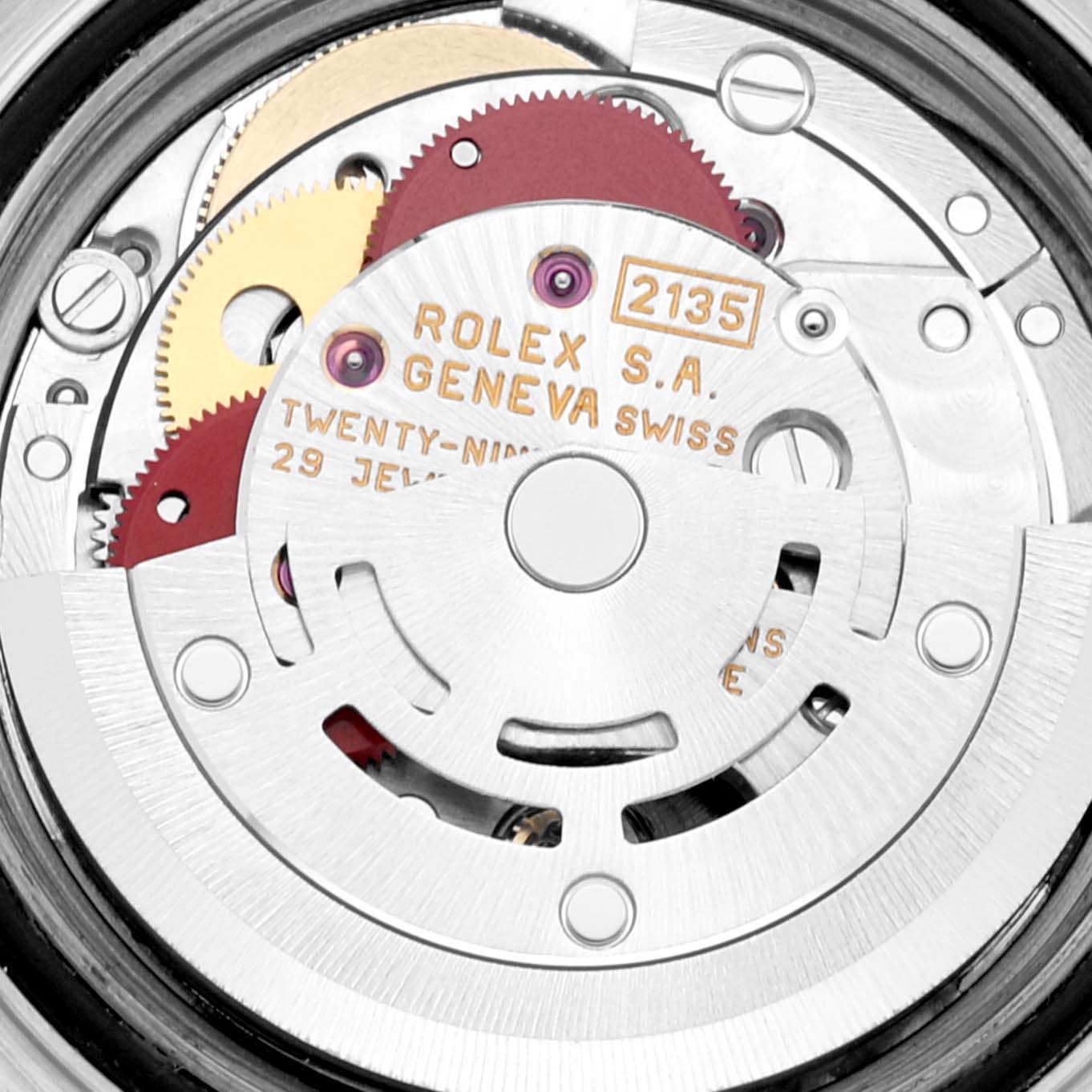 This image shows a close-up view of the internal movement of the Rolex Yacht-Master 69623 Women's Steel and Gold (two tone) Grey Dial 69623 Women's Steel and Gold (two tone) Grey Dial watch model.
