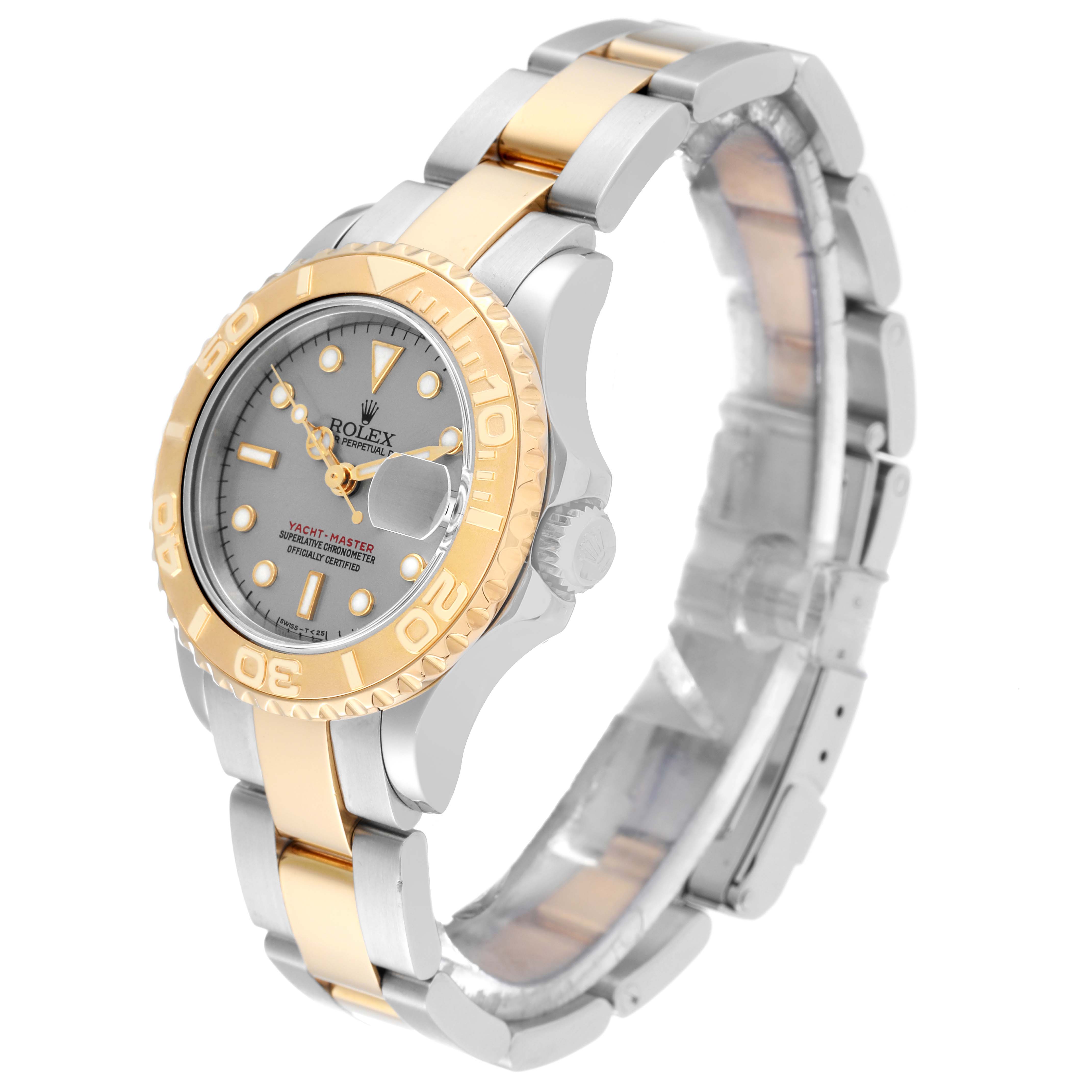 The image depicts a side and front angle of a Rolex Yacht-Master 69623 Women's Steel and Gold (two tone) Grey Dial 69623 Women's Steel and Gold (two tone) Grey Dial watch, showcasing its face, bezel, crown, and bracelet.