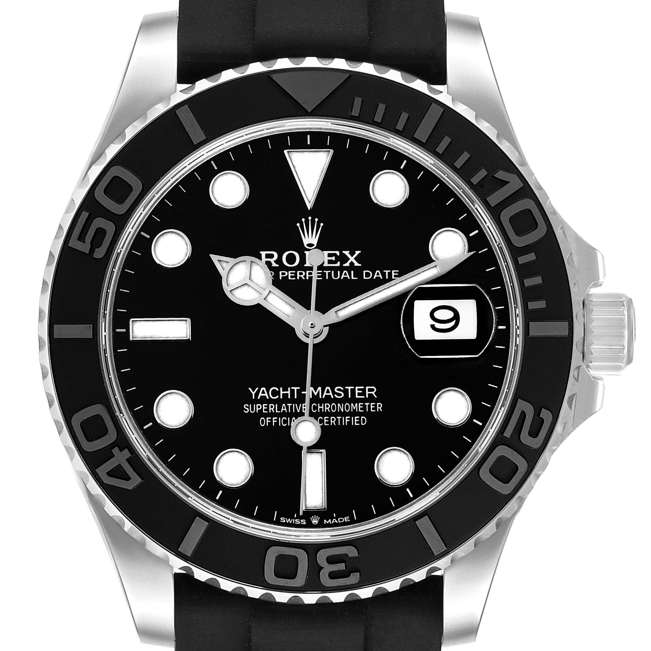 This image shows a front view of the Rolex Yacht-Master 226659 Men
s White Gold Black Dial 226659 Men
s White Gold Black Dial, highlighting the dial, bezel, and crown.