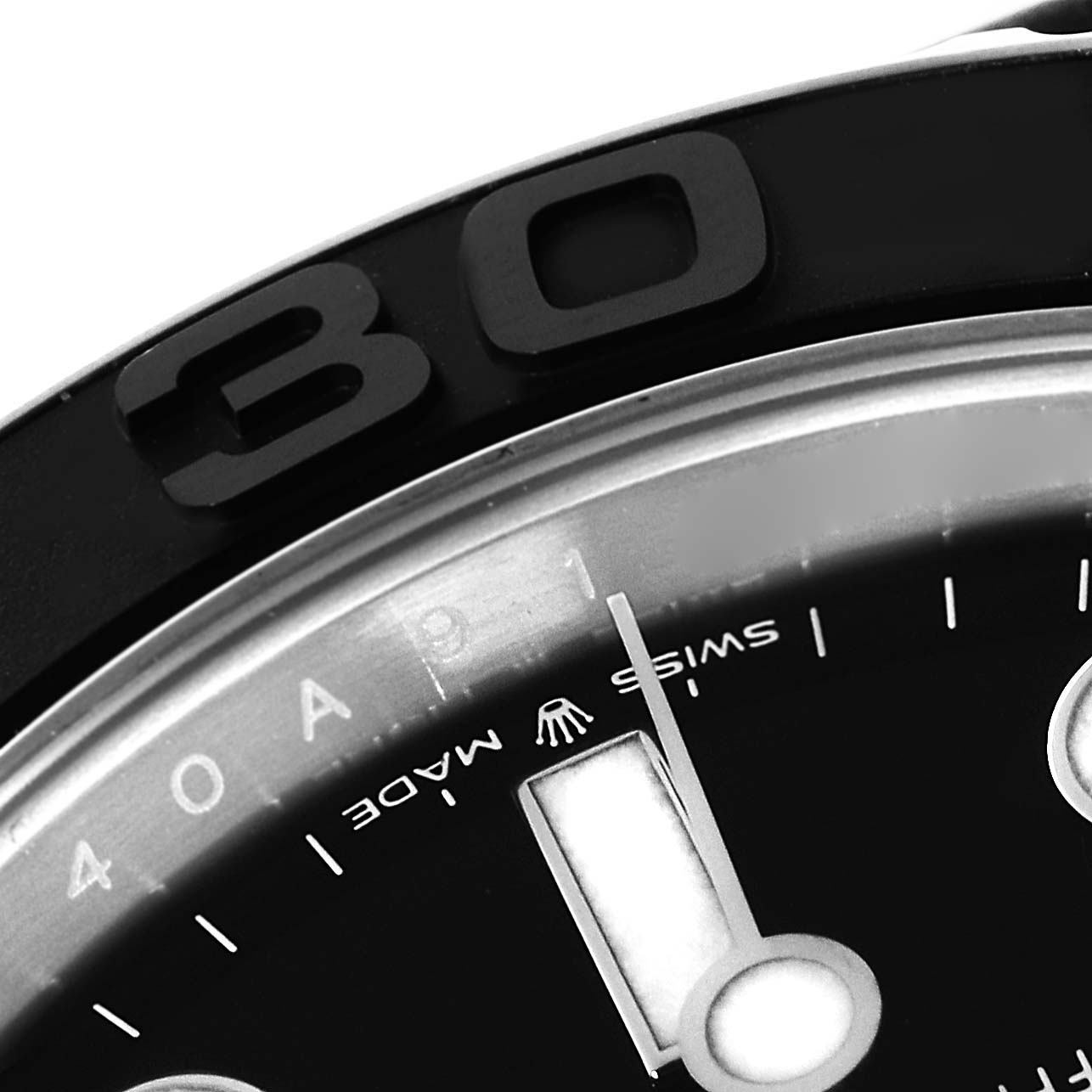 This image shows a close-up of the bezel and part of the dial of a Rolex Yacht-Master 226659 Men
s White Gold Black Dial 226659 Men
s White Gold Black Dial watch.