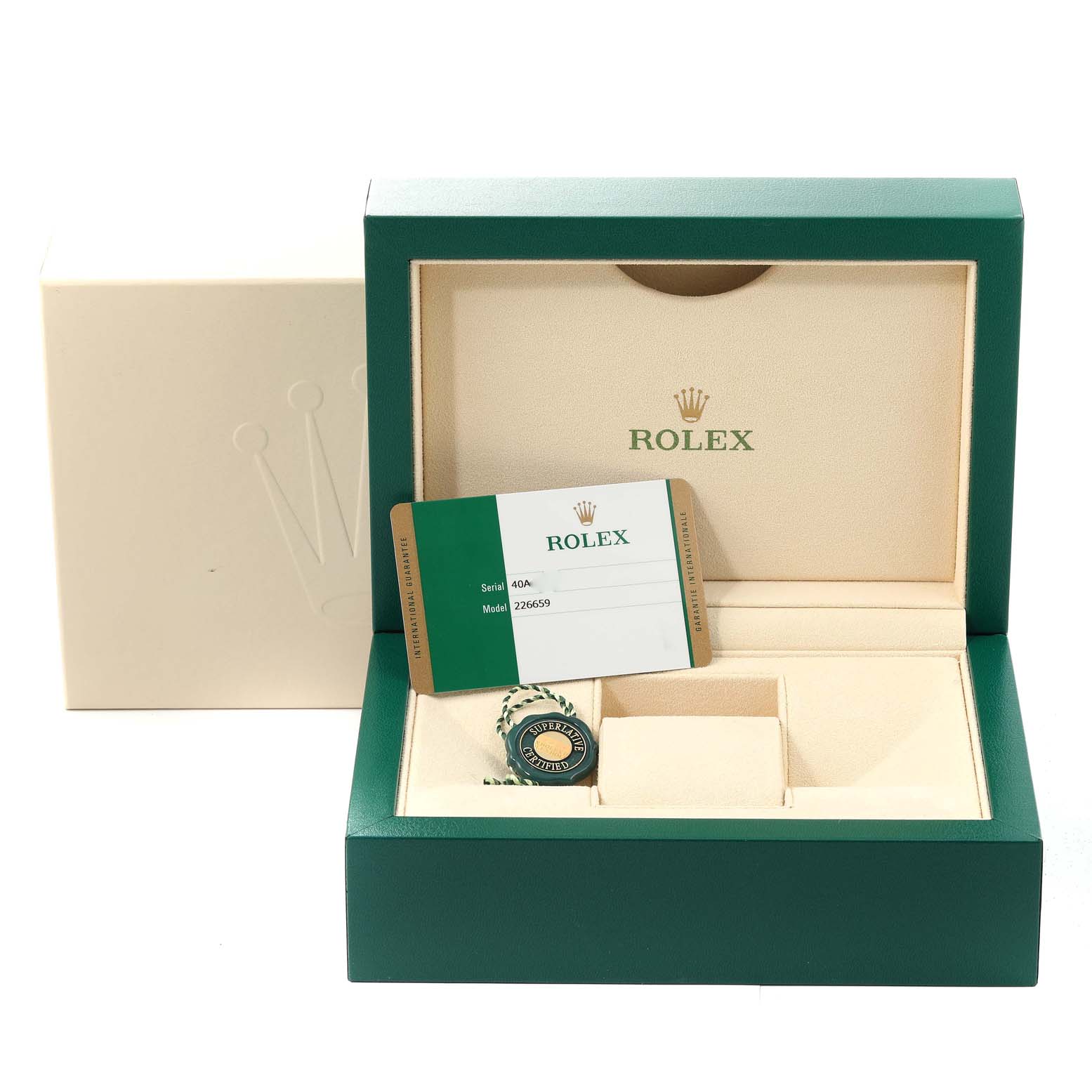 The image shows the box, card, and tag for a Rolex Yacht-Master 226659 Men
s White Gold Black Dial 226659 Men
s White Gold Black Dial watch from a front angle.